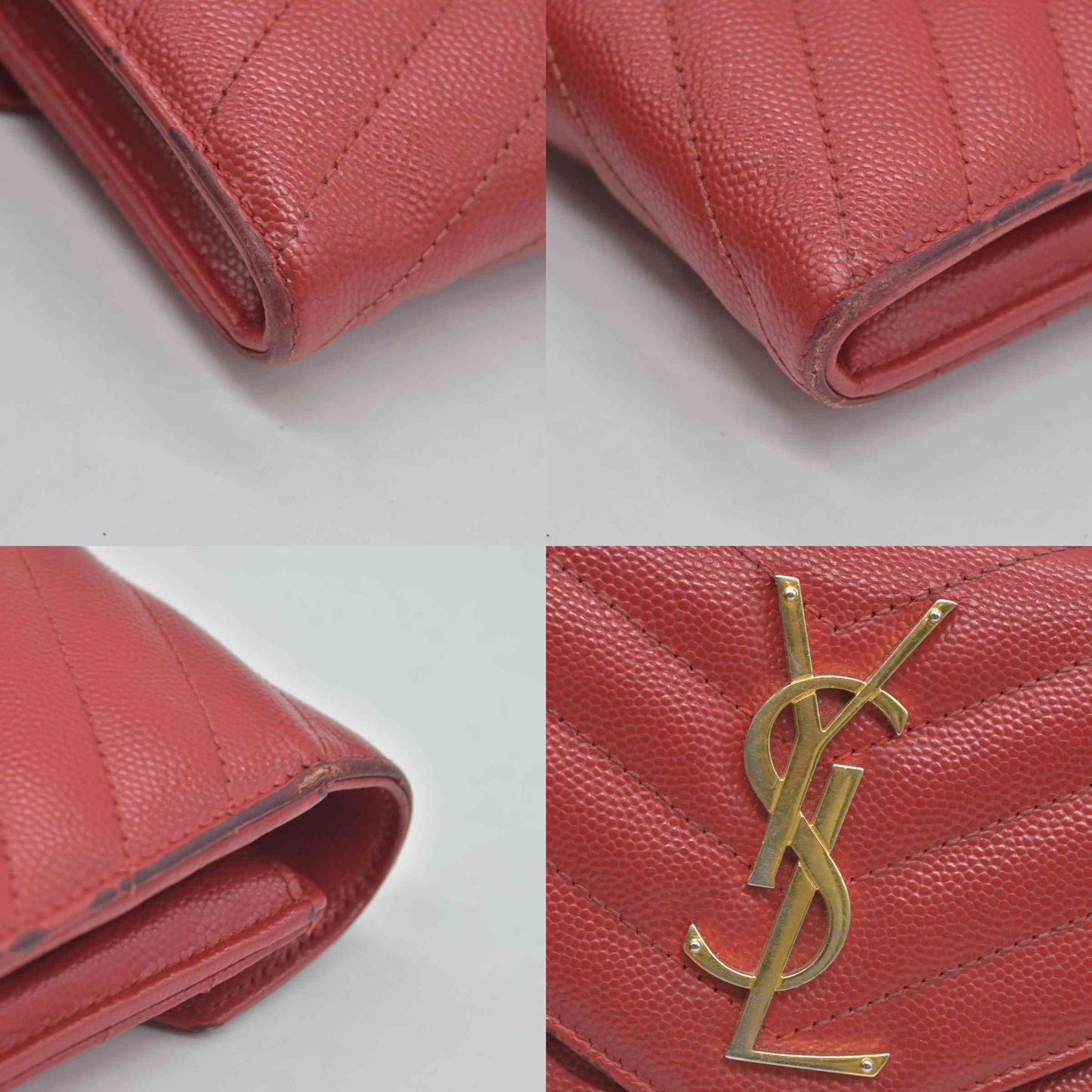 $750 Saint Laurent Grain De Poudre Matelasse Chevron Monogram Flap Wallet Red