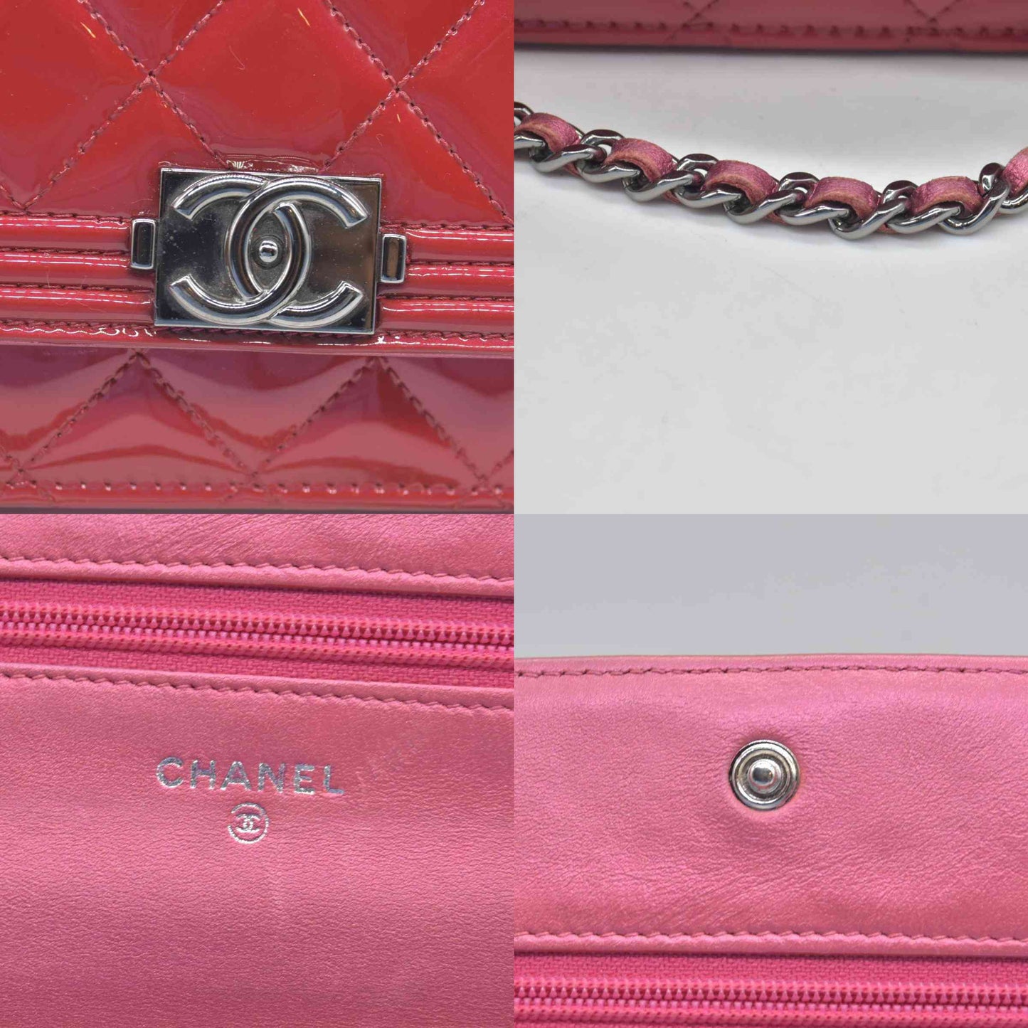 $3350 Chanel Patent Calfskin Quilted Boy Wallet On Chain WOC Fuchsia