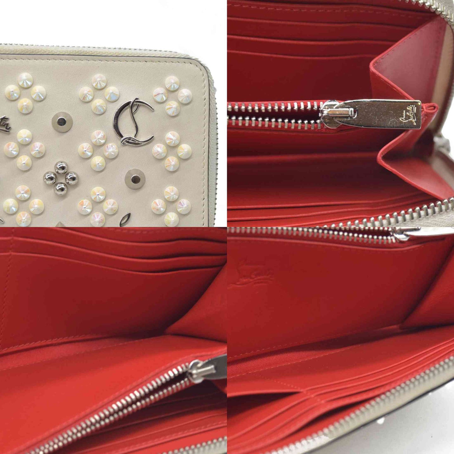 $950 CONSIGNMENT Christian Louboutin Panettone Long Wallet Cream with Loubinthesky Spikes