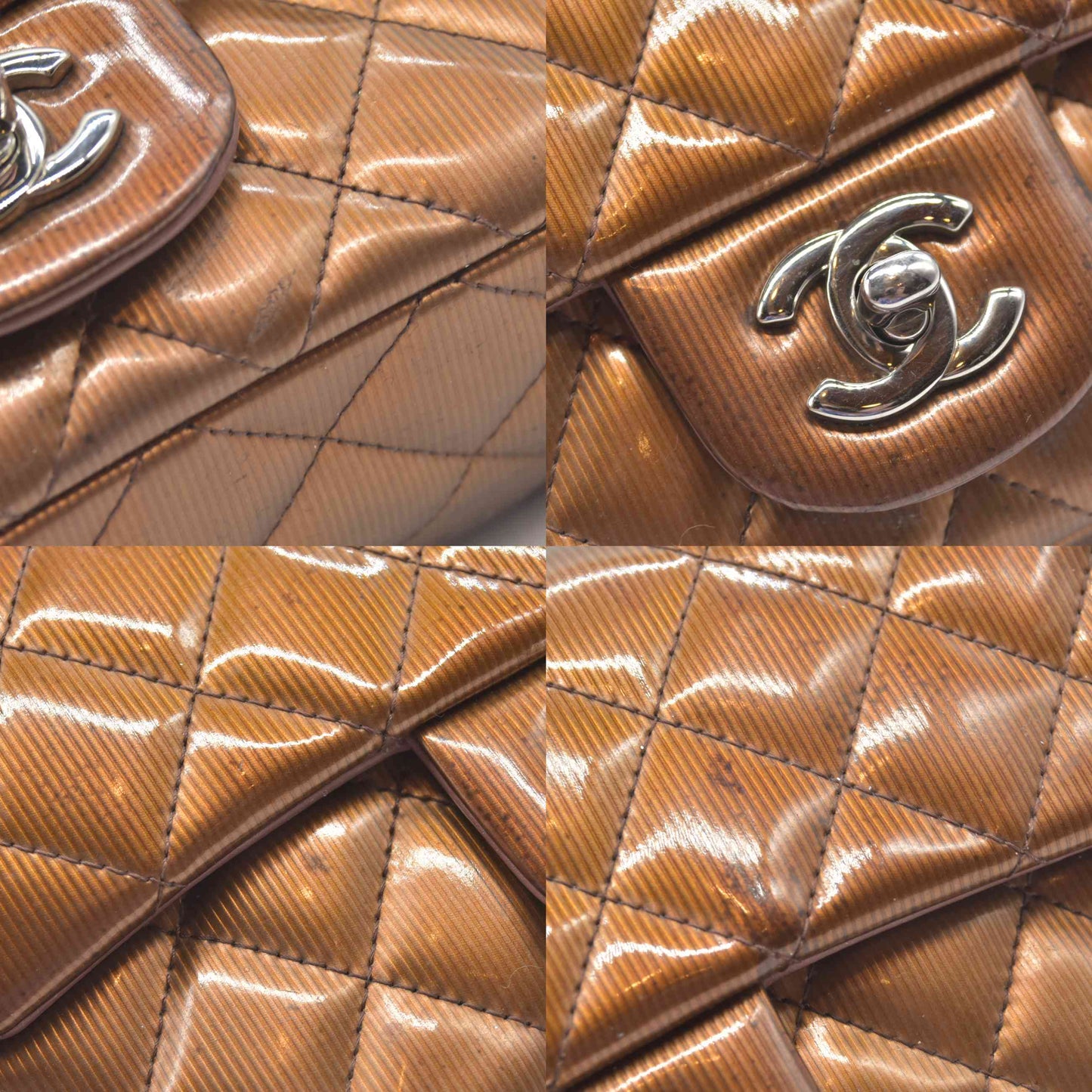 $5200 2013 Chanel Patent Calfskin Quilted Mini Rectangular Flap Bronze Metallic
