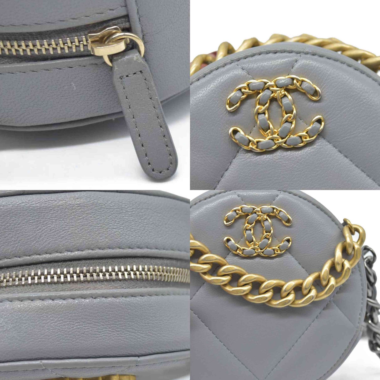 Chanel  Lambskin Quilted Chanel 19 Round Clutch With Chain Grey