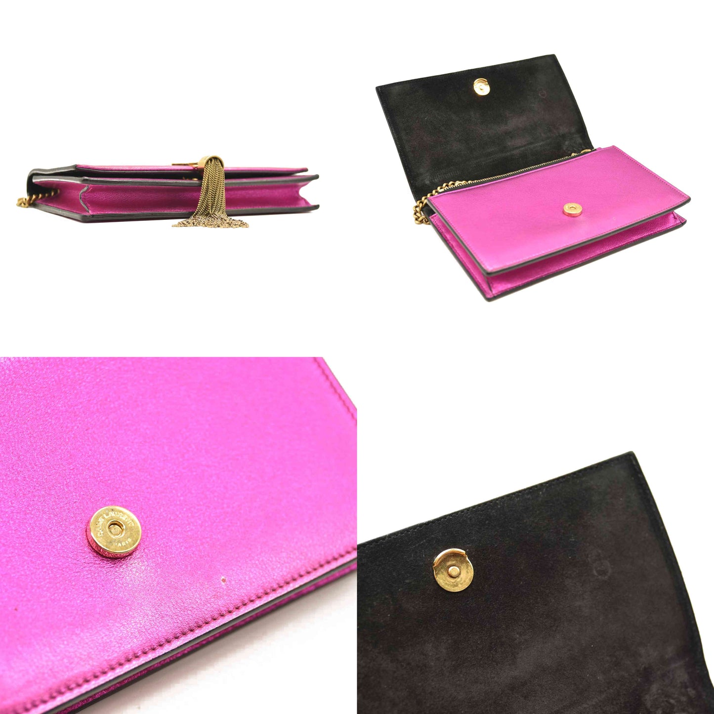 SAINT LAURENT Metallic Calfskin Classic Monogram Kate Tassel Chain Wallet Fuchsia