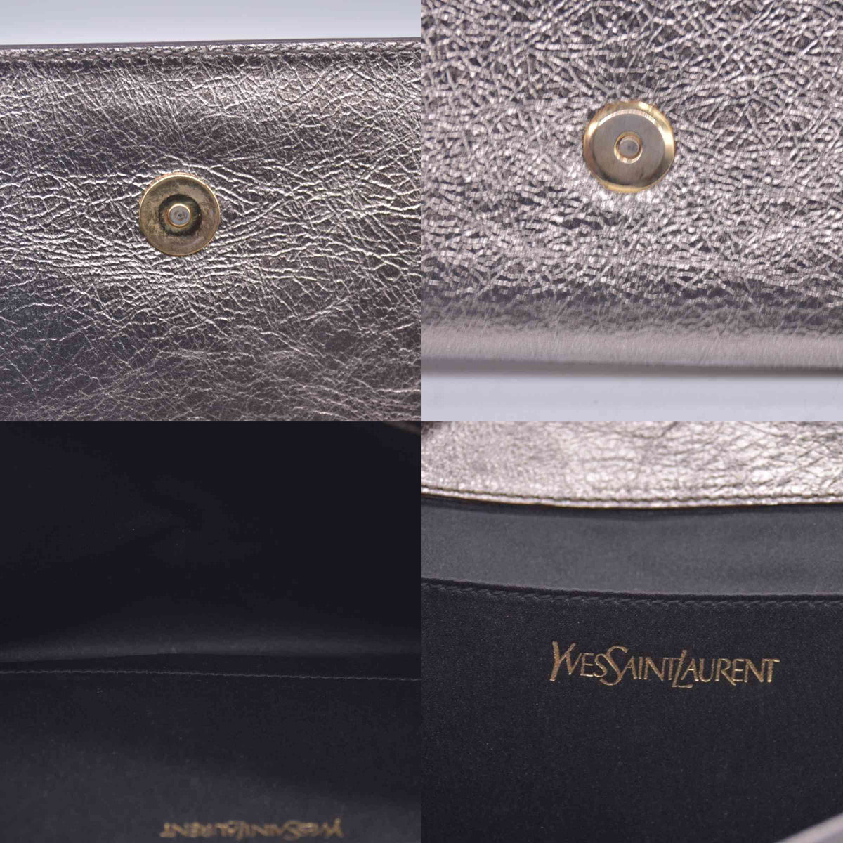 $820 Saint Laurent Metallic Leather Large Belle De Jour Clutch Silver CONSIGNMENT 10020879