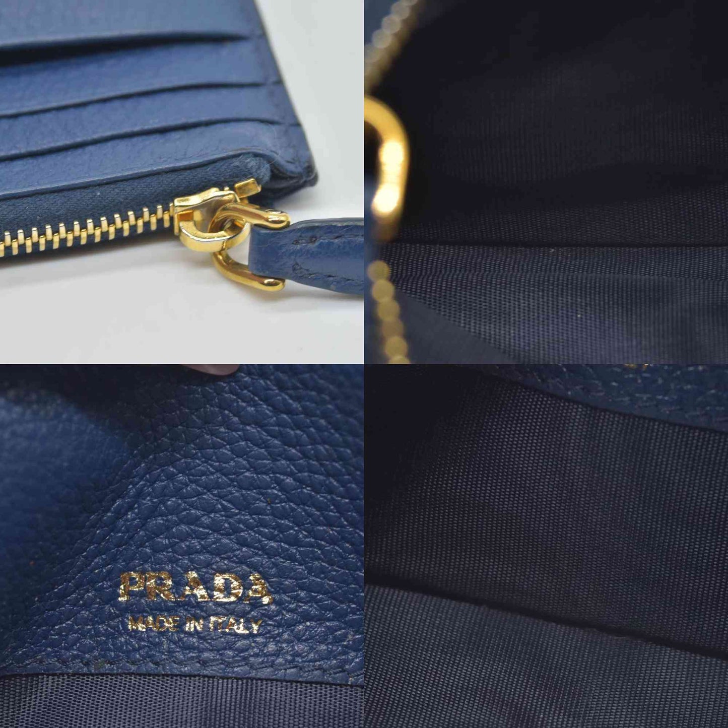 $725 Prada Zip Card Holder Pebbled Leather Blue CONSIGNMENT