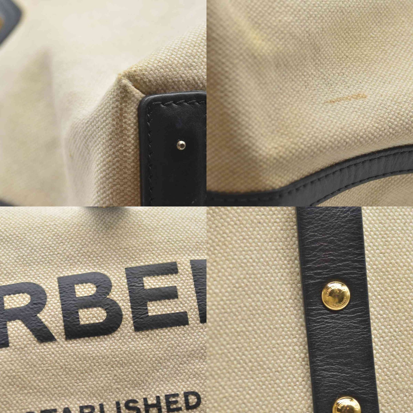 $2490 Burberry Cotton Soft Canvas Calfskin Medium Belt Tote Natural Black