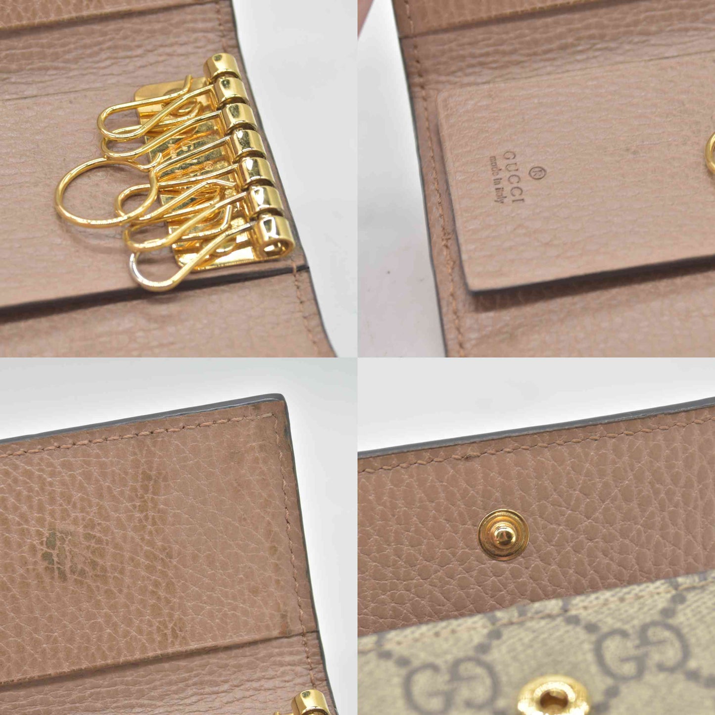 $350 GUCCI GG Dollar Calfskin GG Supreme Monogram GG Marmont 6 Key Holder Case Old Rose Beige Ebony