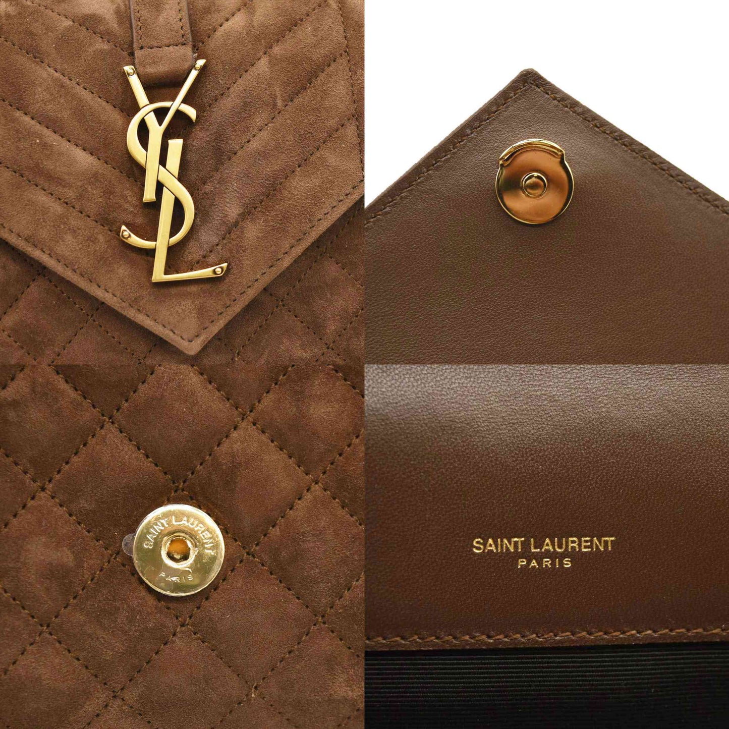 SAINT LAURENT  Suede Mixed Matelasse Triquilt Small Monogram Envelope Satchel Cinnamon