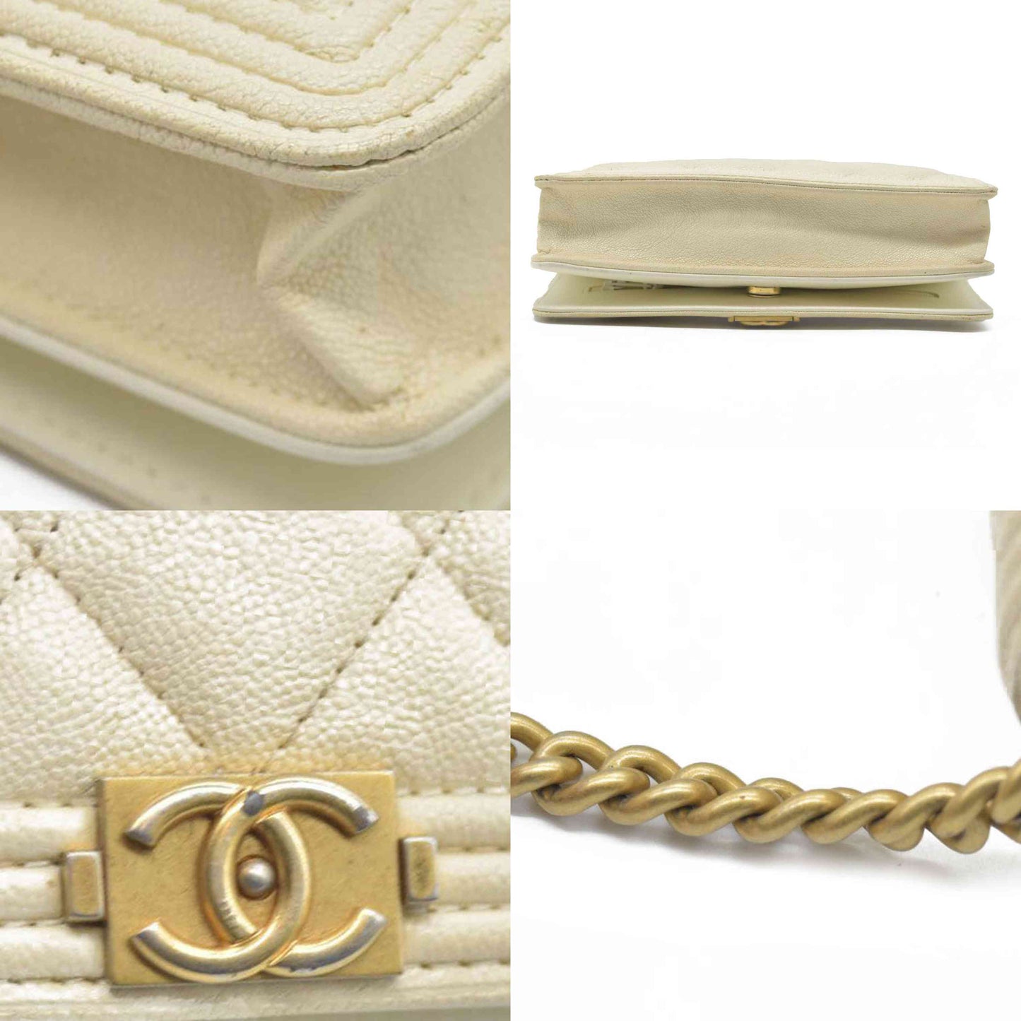 $3425 Chanel Caviar Quilted Boy Wallet On Chain WOC White