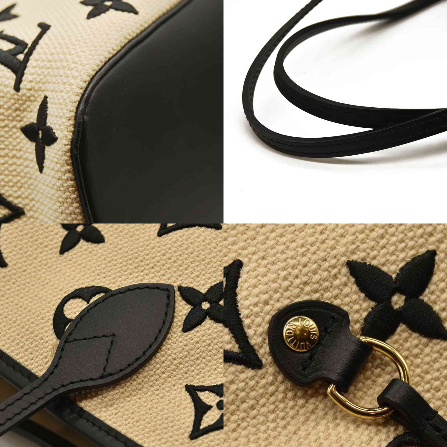 LOUIS VUITTON  Cotton Monogram Embroidered Neverfull MM Beige Black RFID