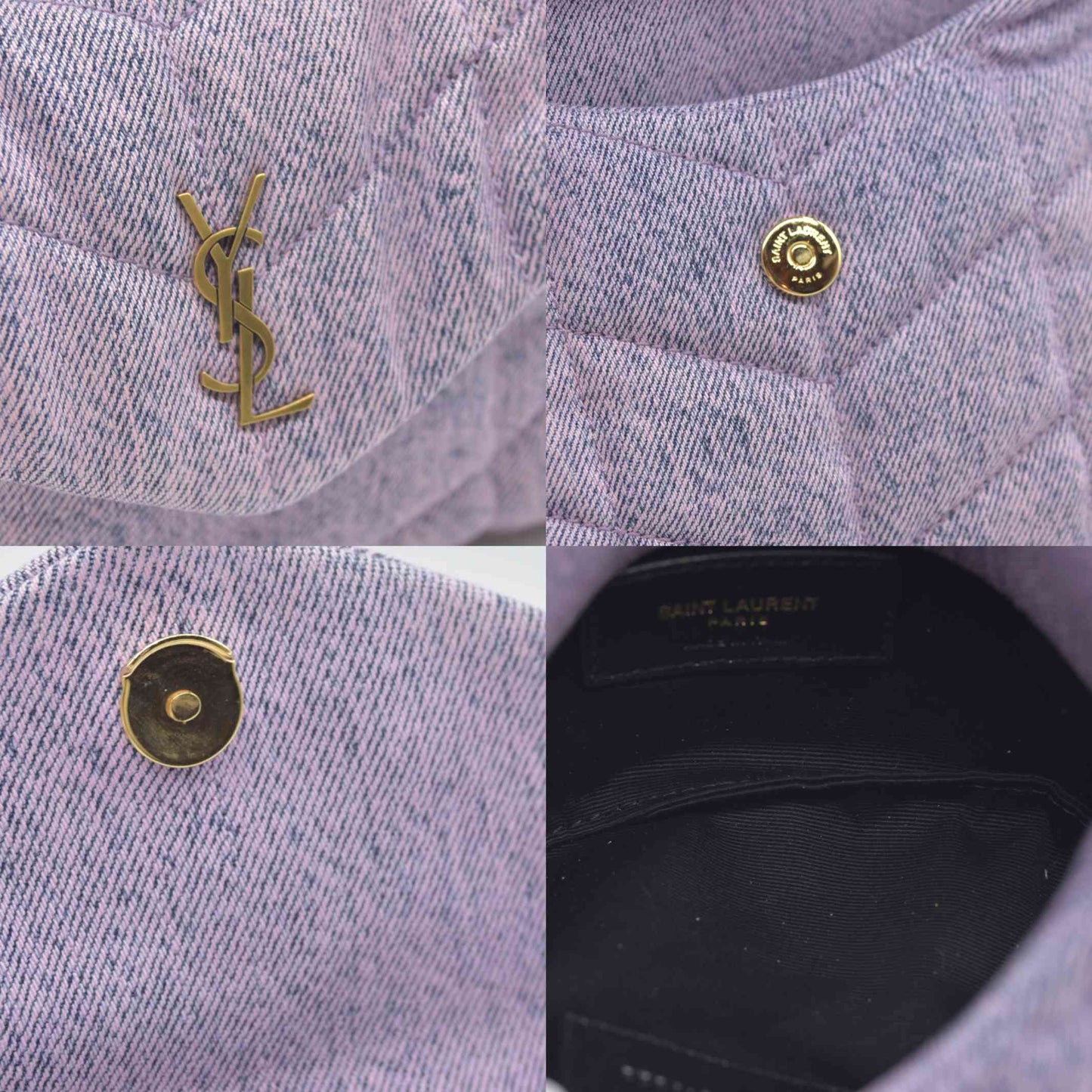 2022 $1000 Saint Laurent Denim Quilted Loulou Puffer Monogram Pouch Clutch Bleached Lilac