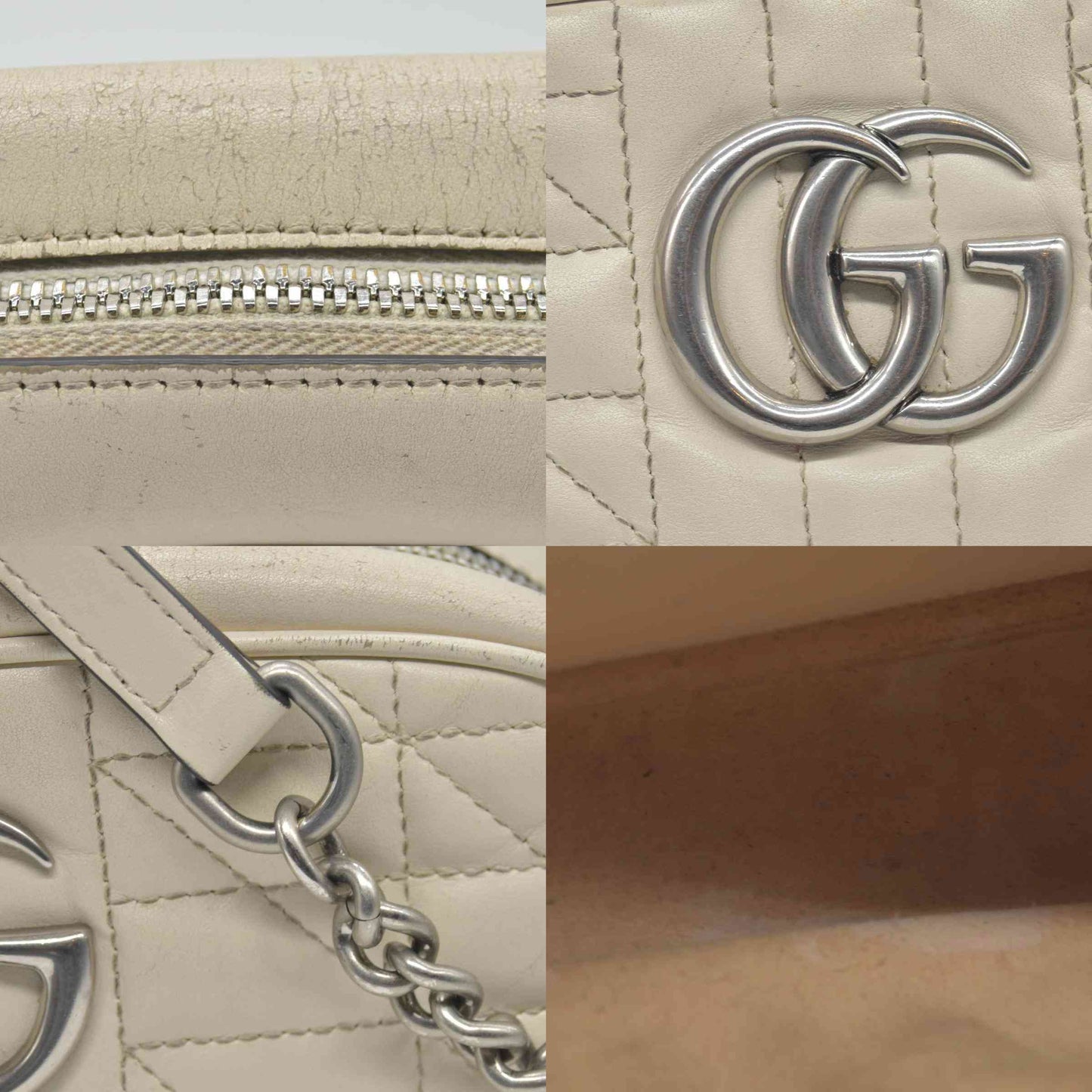$1950 Gucci Calfskin Matelasse Aria Small GG Marmont Chain Shoulder Bag Mystic White
