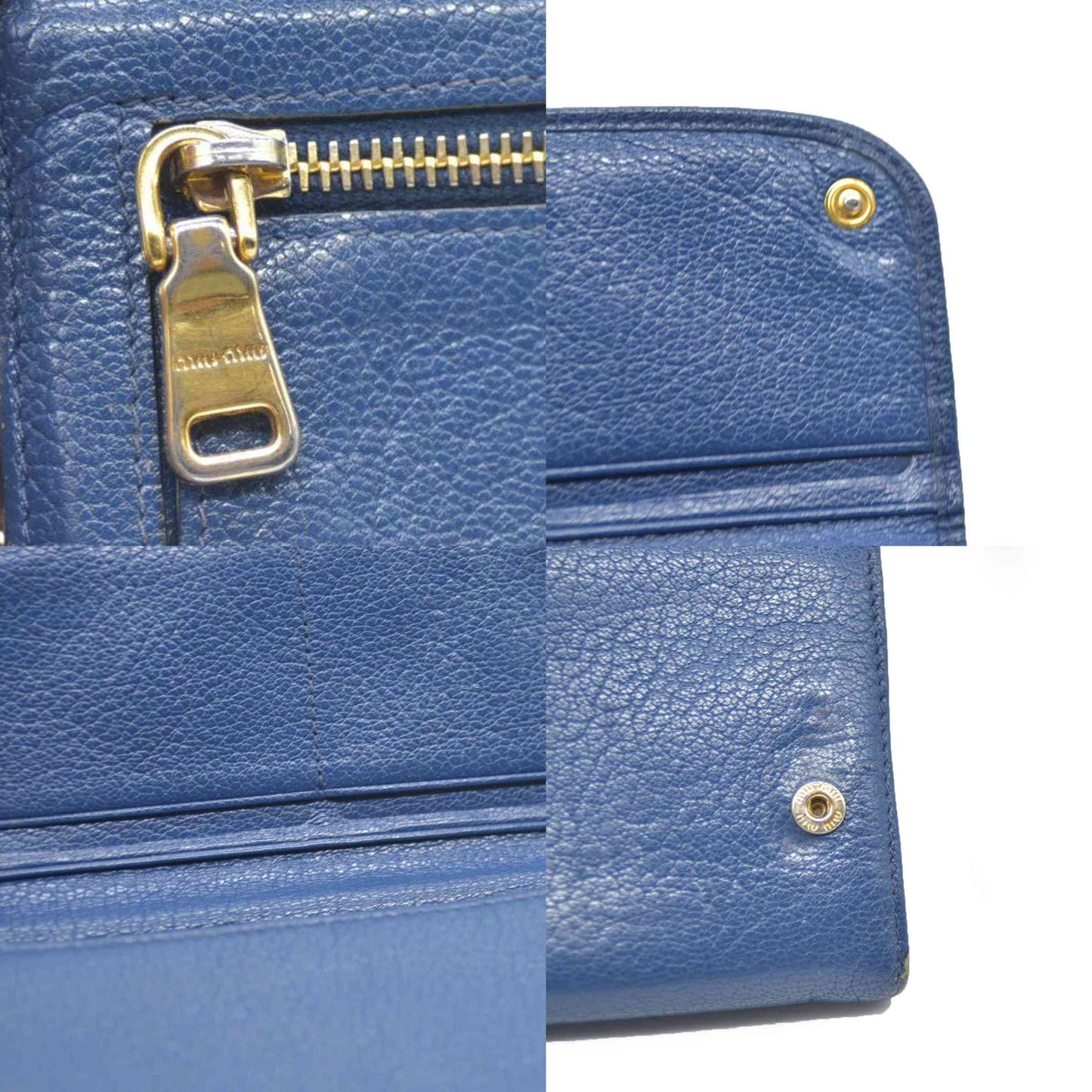 MIU MIU Logo Madras Leather Long Bifold Wallet Blue