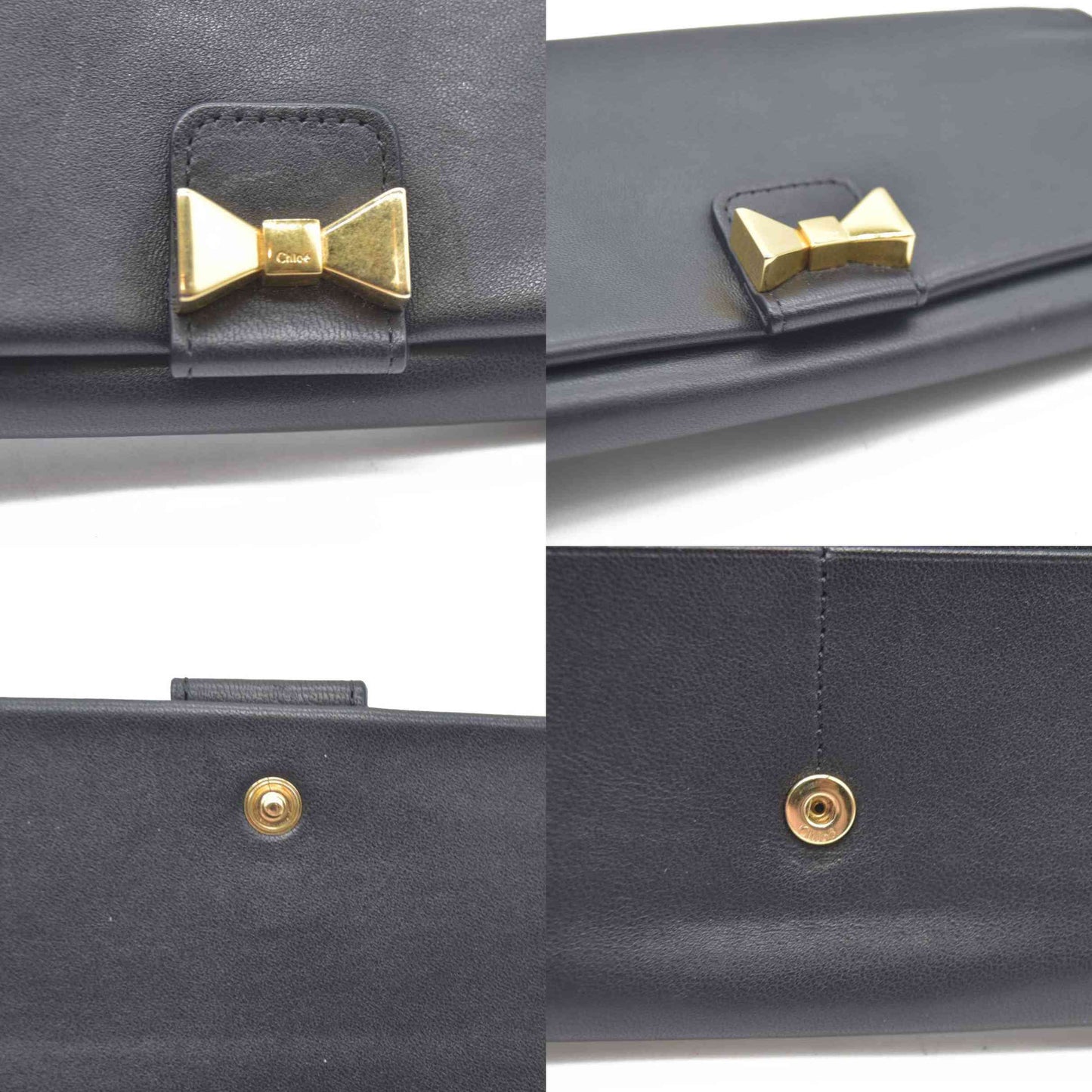 Chloe Ribbon Leather Long Bifold Wallet Purse Black