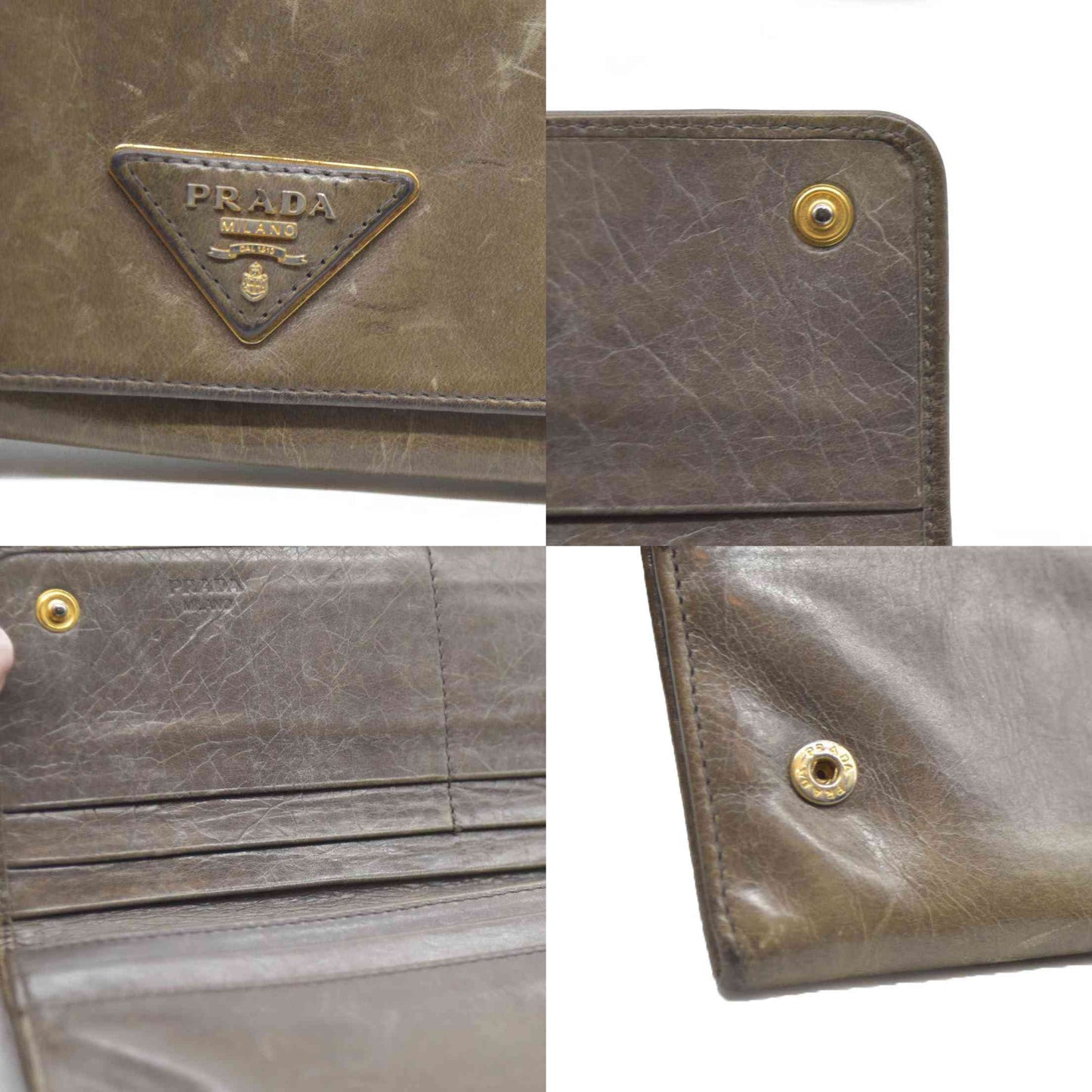PRADA $625 Triangle Logo Leather Long Bifold Wallet Khaki/7BH0146