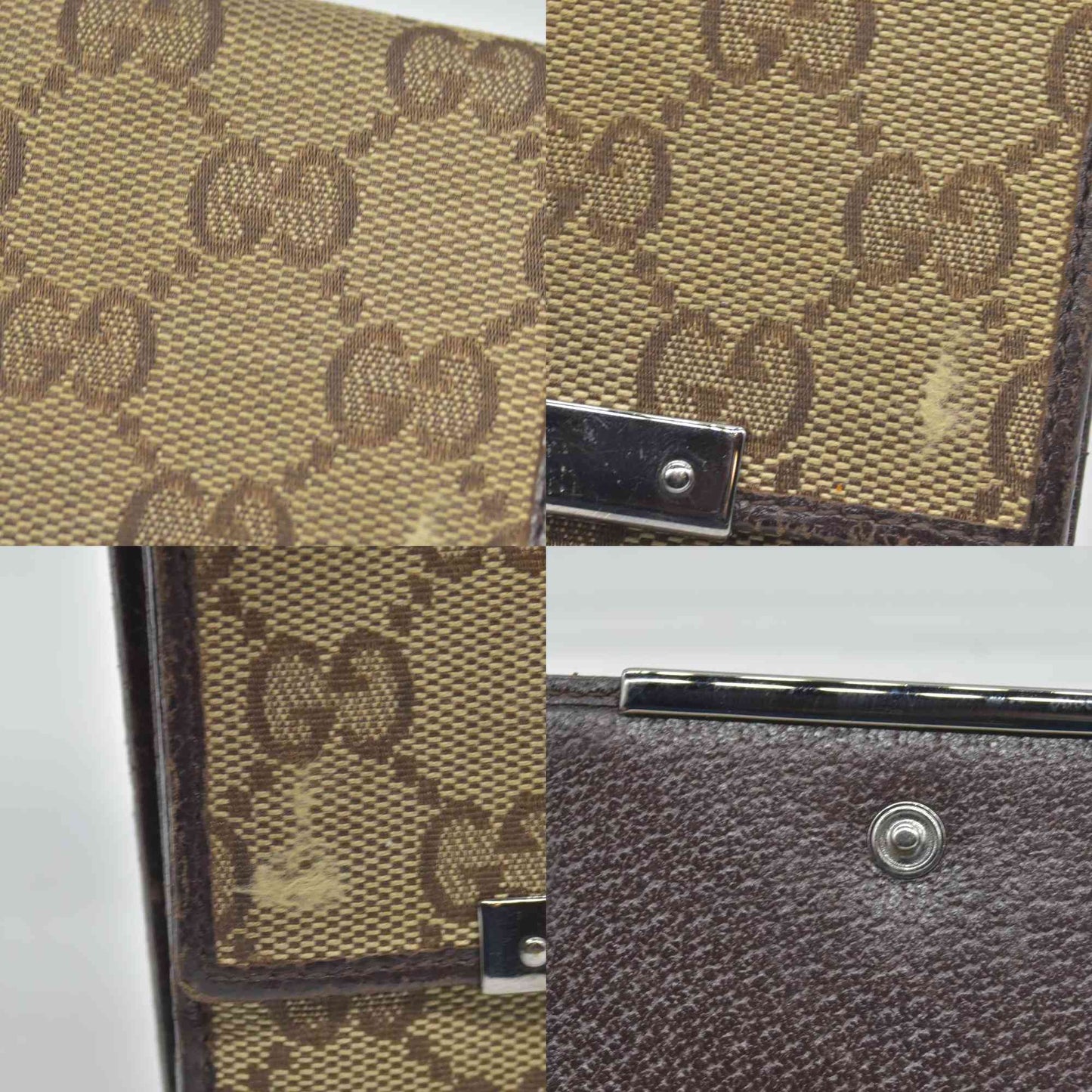 $510 GUCCI GG Canvas Leather Compact Wallet Bifold Double Snap Beige CONSIGNMENT