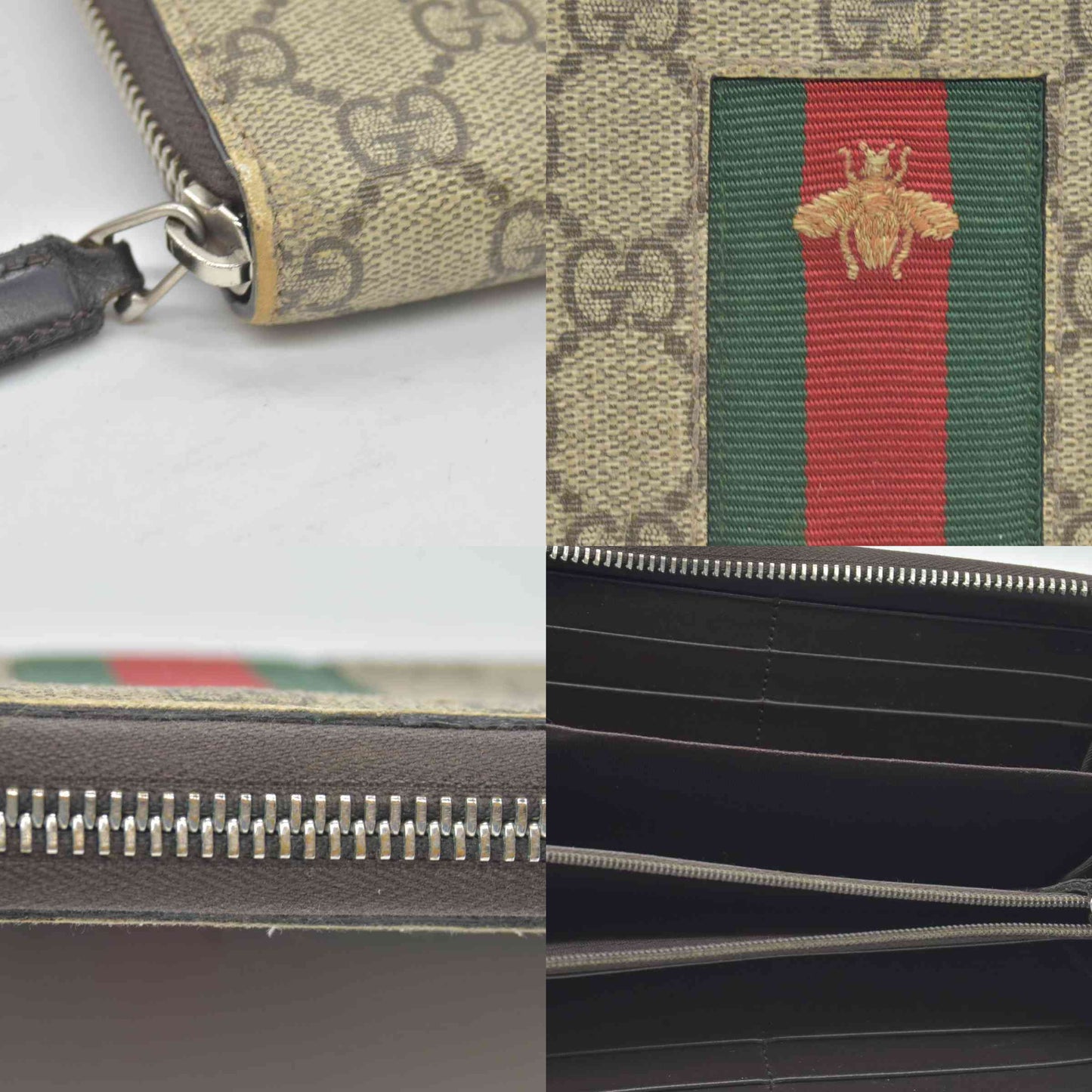 Gucci GG Supreme Monogram Web Bee Zip Around Wallet Beige Cocoa CONSIGNMENT