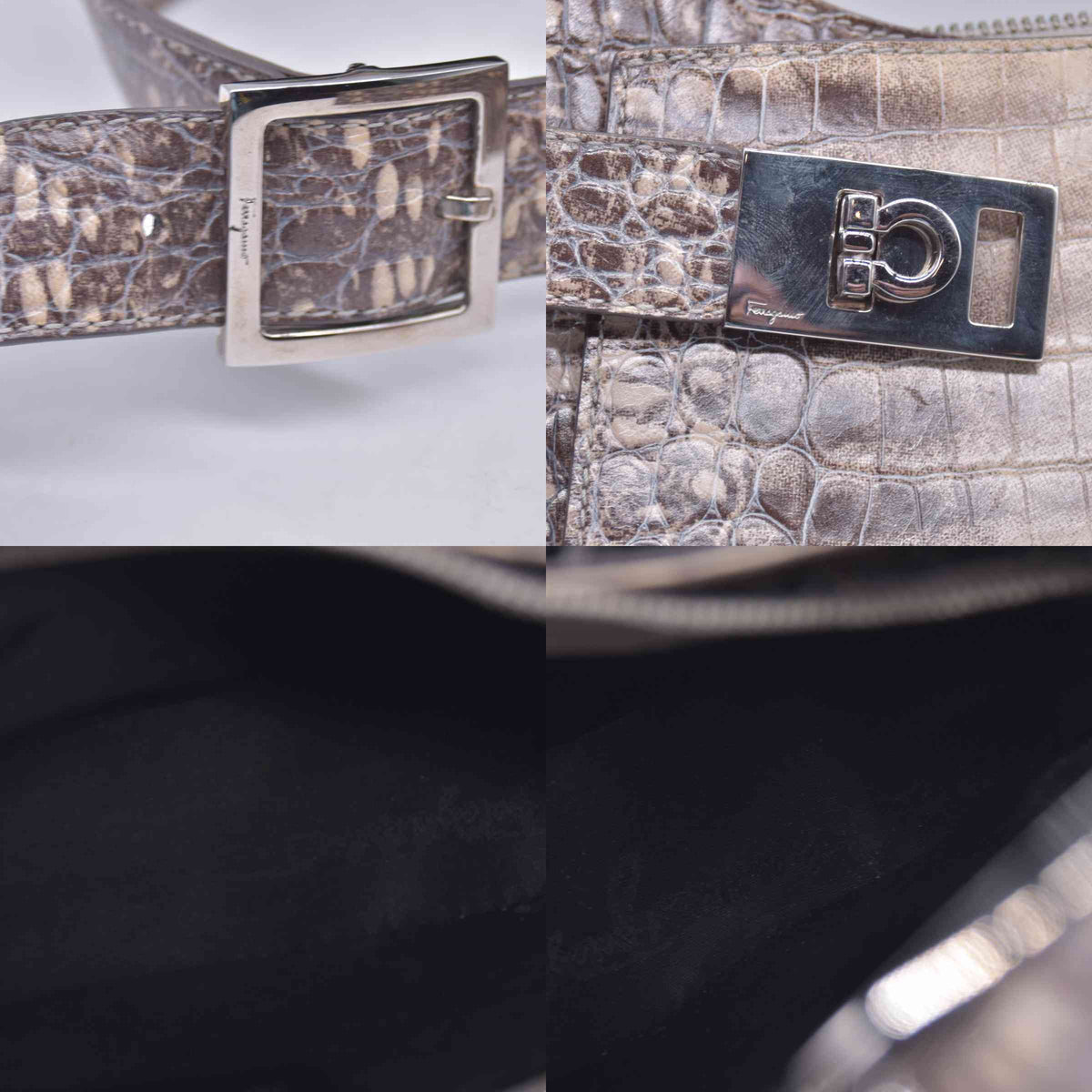 $1250 SALVATORE FERRAGAMO Embossed Lizard Calfskin Gancini Belt Shoulder Bag Grey CONSIGNMENT 10021138
