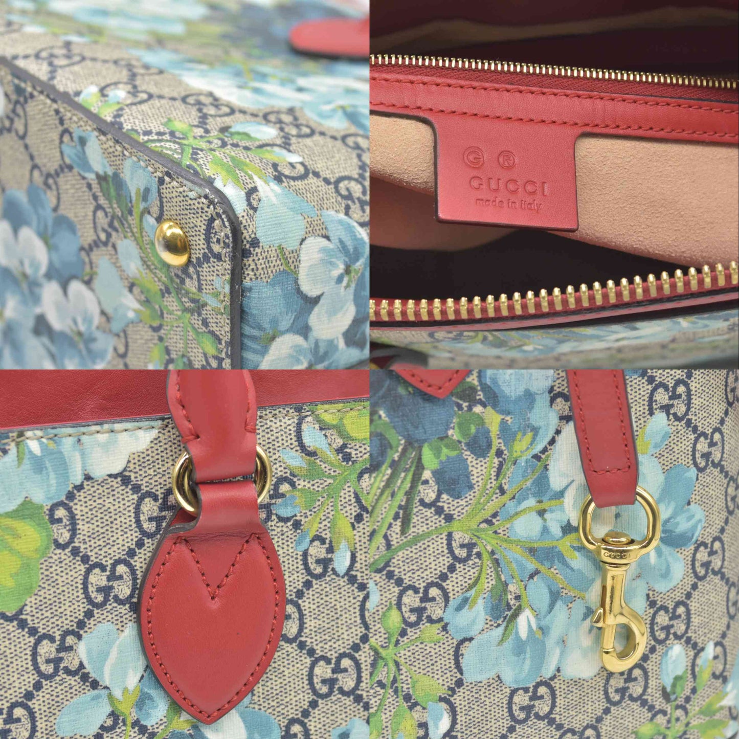 GUCCI GG Supreme Monogram Blooms Medium Zip Top Tote Beige Blue Navy Hibiscus Red CONSIGNMENT