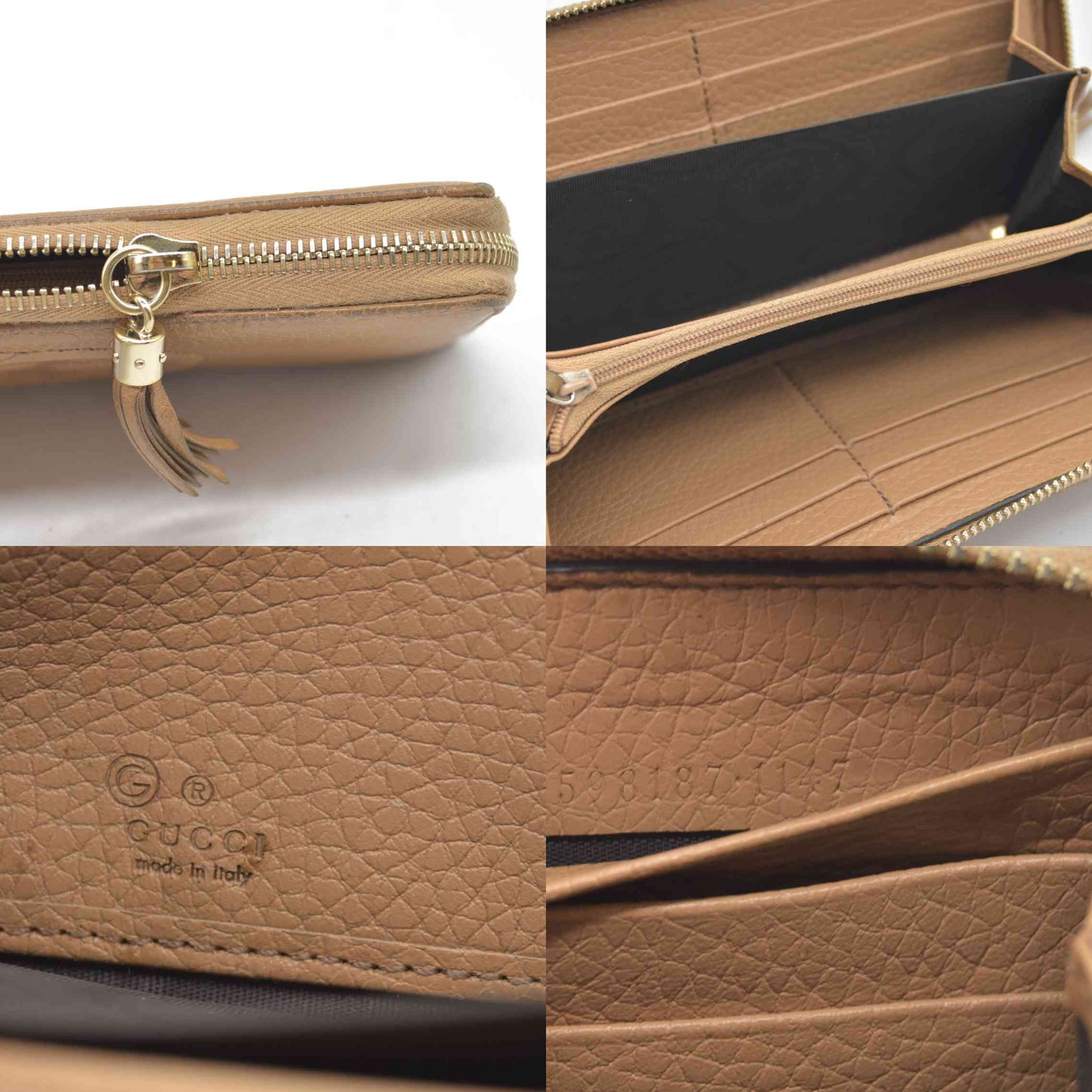 $660 Gucci Calfskin Soho Zip Around Wallet Beige Pebbled