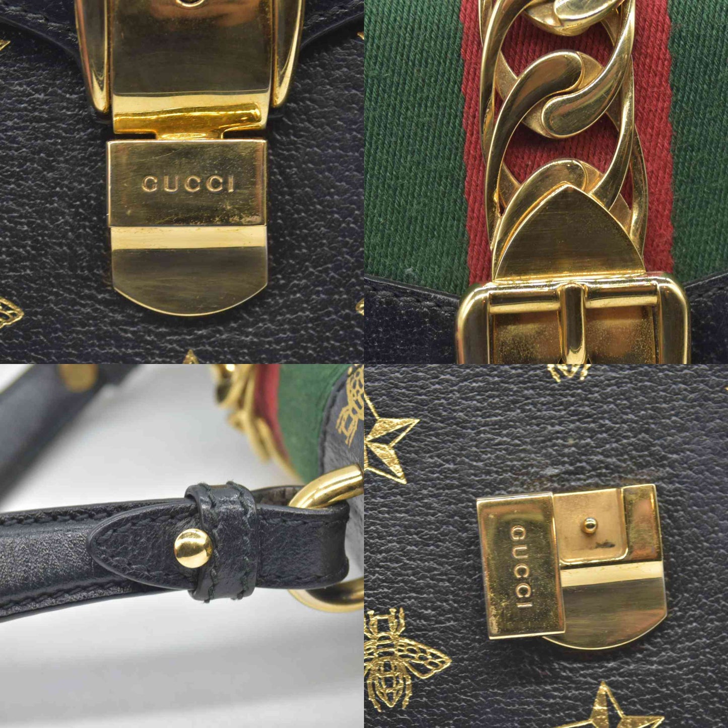 $2600 Gucci Textured Calfskin Bee Star Print Mini Sylvie Top Handle Bag Black