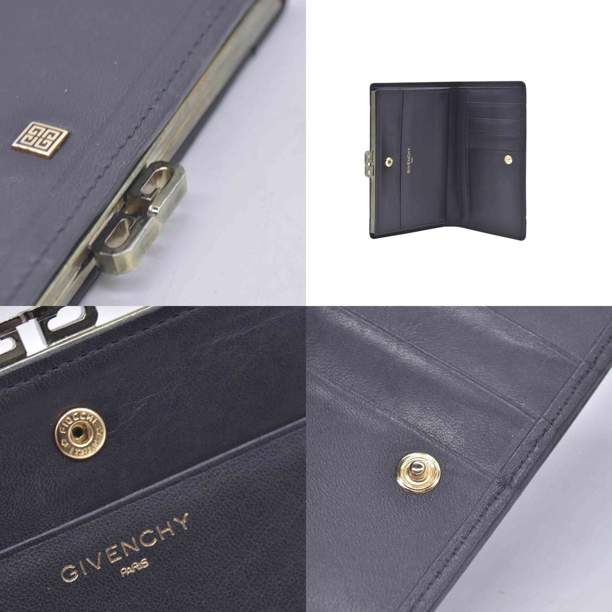 $650 GIVENCHY Smooth Leather 4G Kisslock French Purse Wallet Dark Navy CONSIGNMENT 10021205