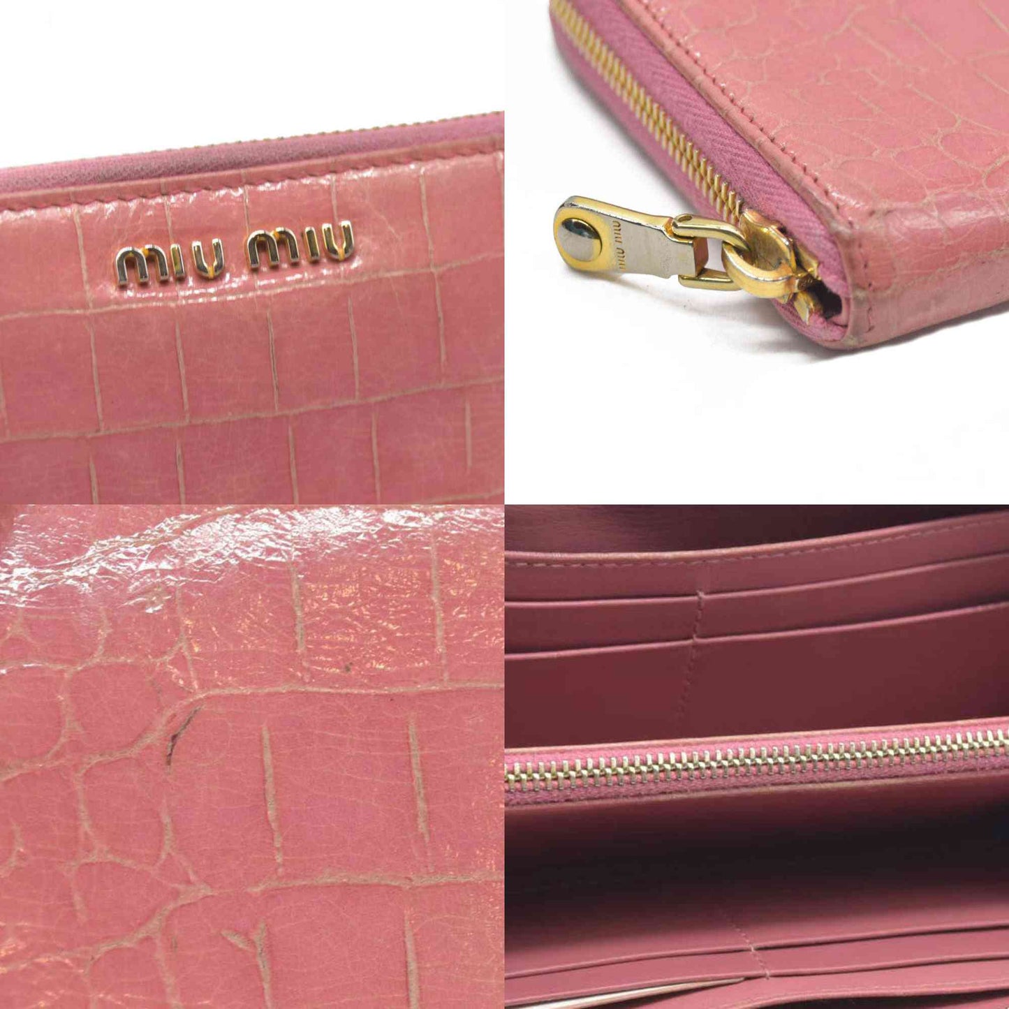 AUCTION $545 Miu Miu  Vernice Crocodile Embossed Calfskin Zip Around Wallet Antico