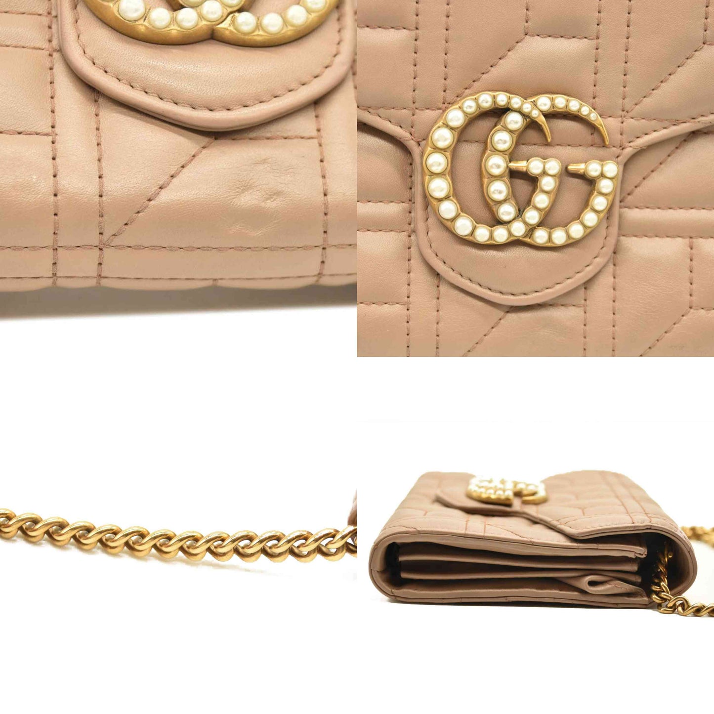 Gucci  Calfskin Matelasse Mini Pearly GG Marmont Chain Wallet Beige