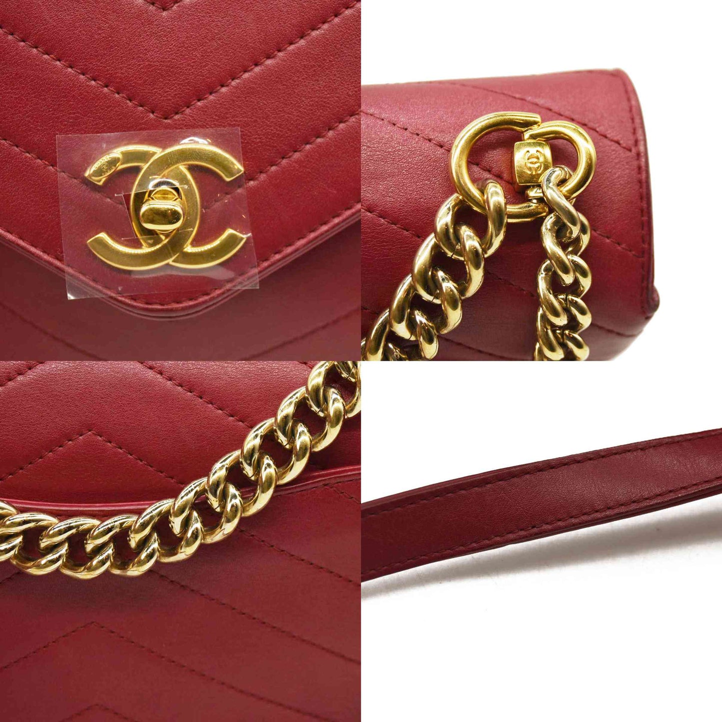 CHANEL  Calfskin Chevron Stitched Small Coco Flap Bag Red