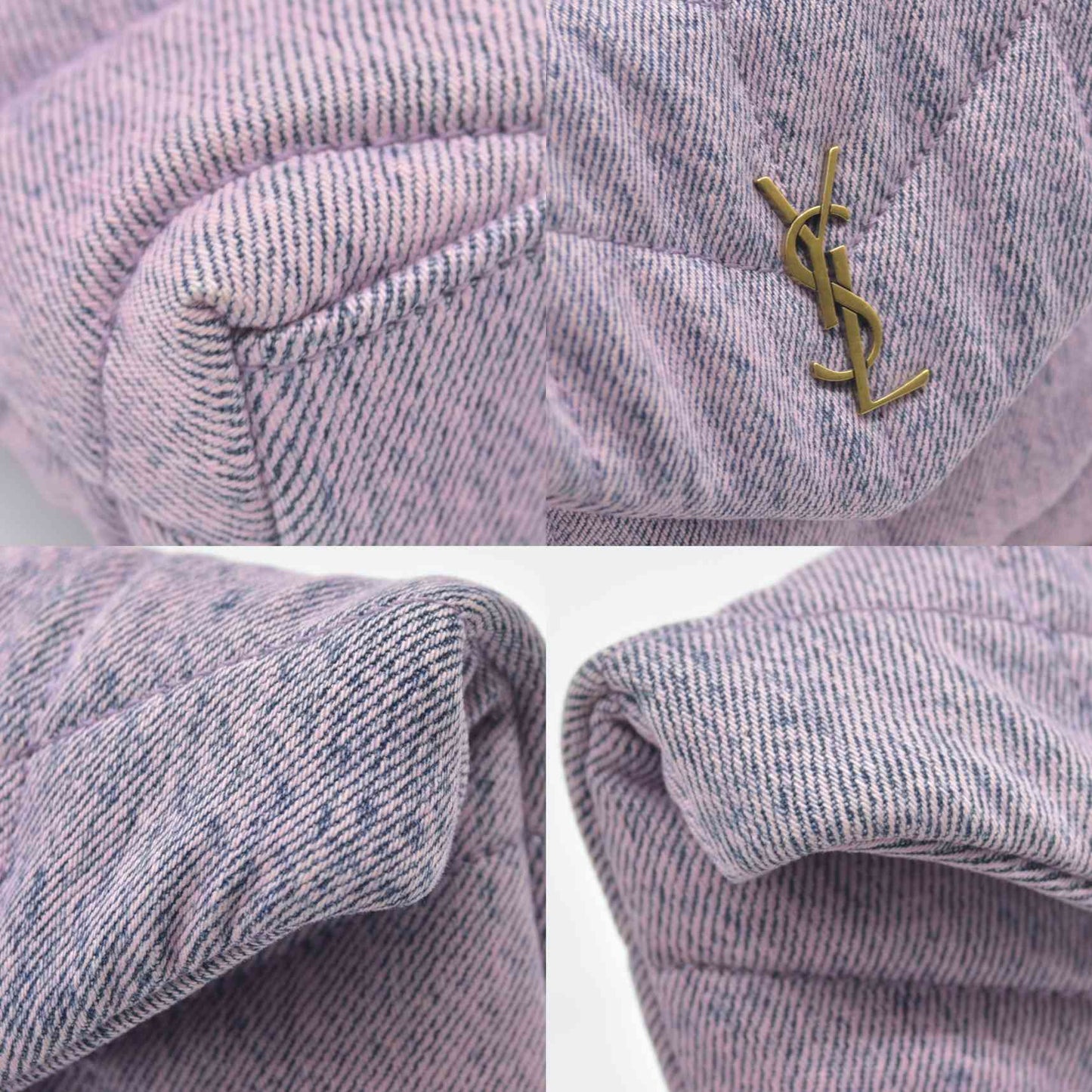 $1000 Saint Laurent Denim Quilted Loulou Puffer Monogram Pouch Clutch Bleached Lilac