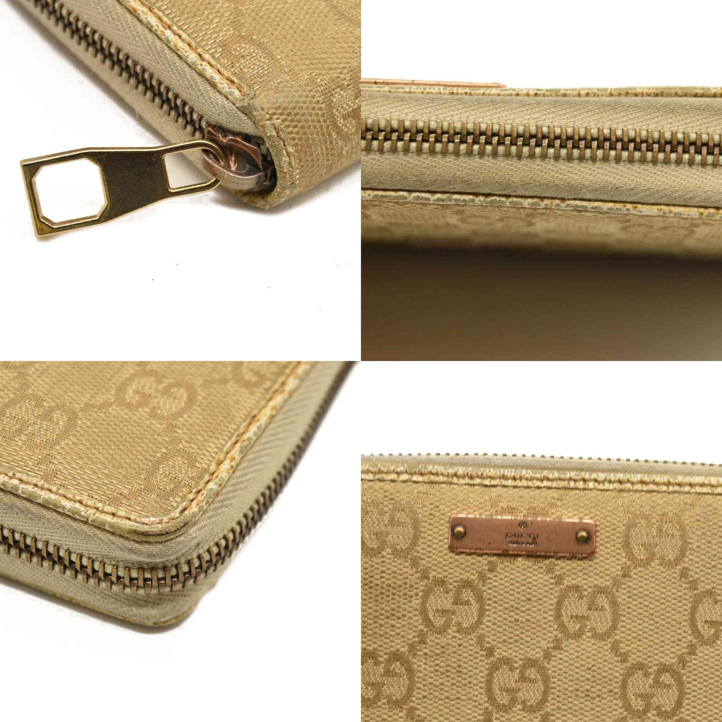 Gucci  Monogram Metal Bar Zip Around Wallet Beige Ebony Cream
