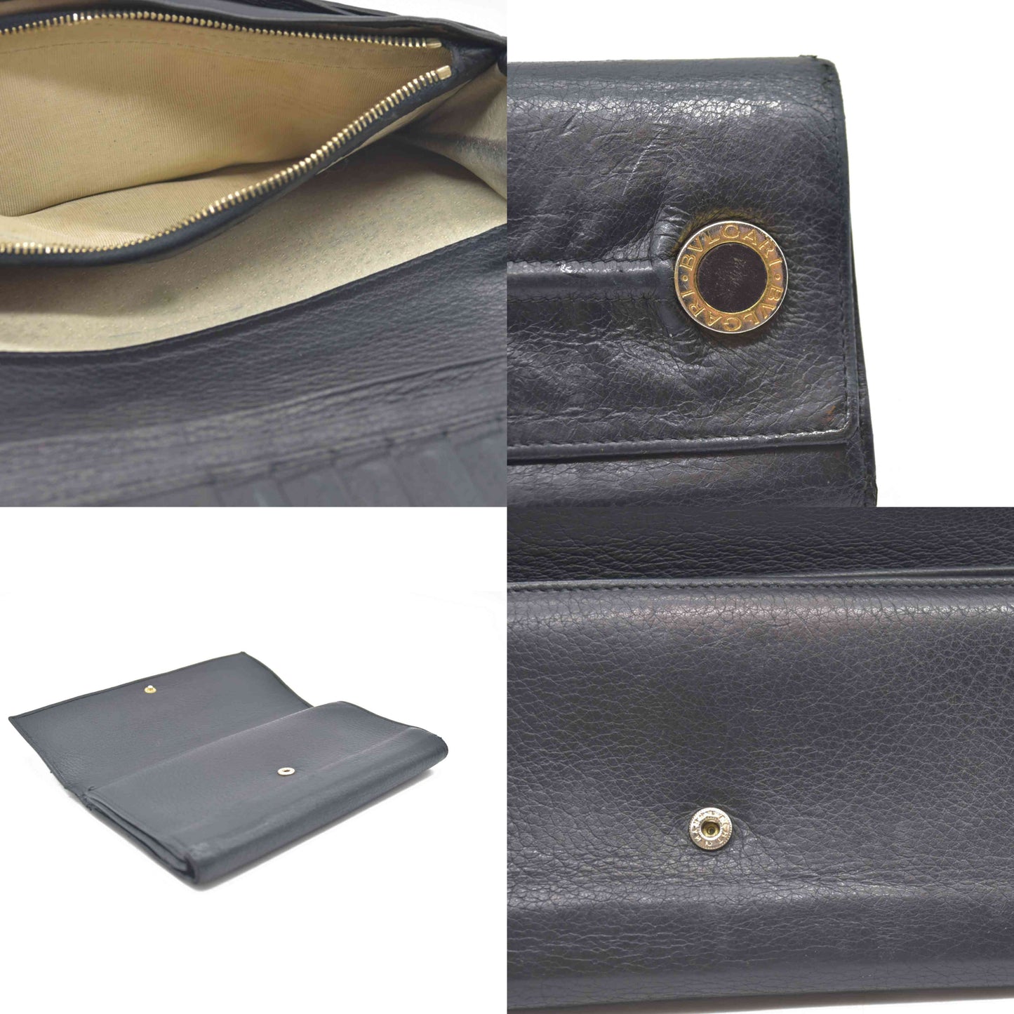 $900 Bvlgari Double Logo Snap Long Wallet Black Leather