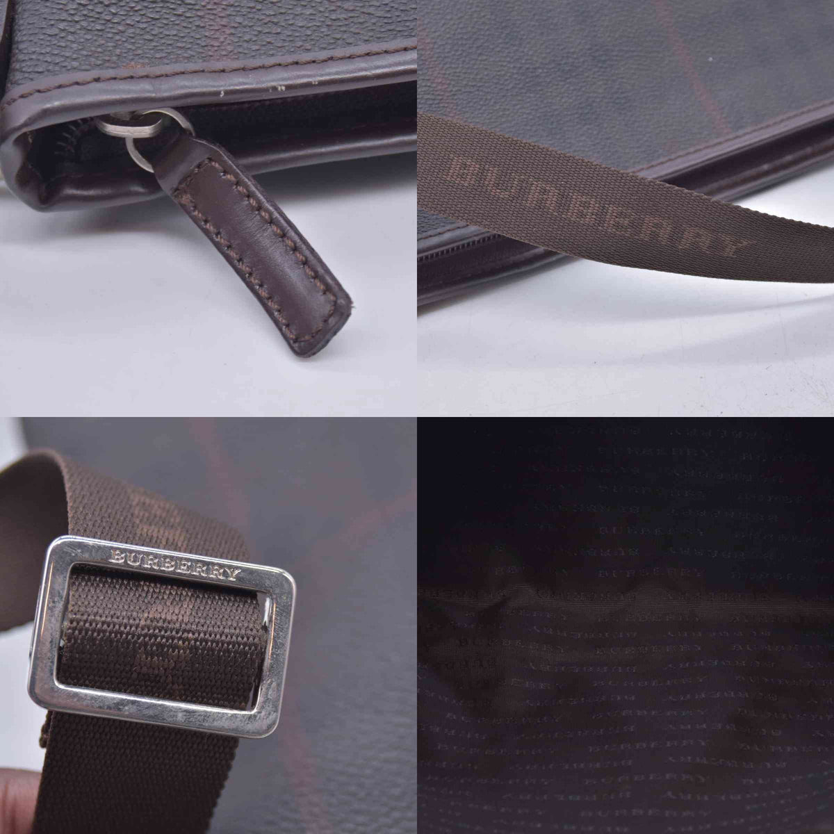 $780  BURBERRY Coated Canvas Check Flat Messenger Bag Dark Brown CONSIGNMENT 10021351