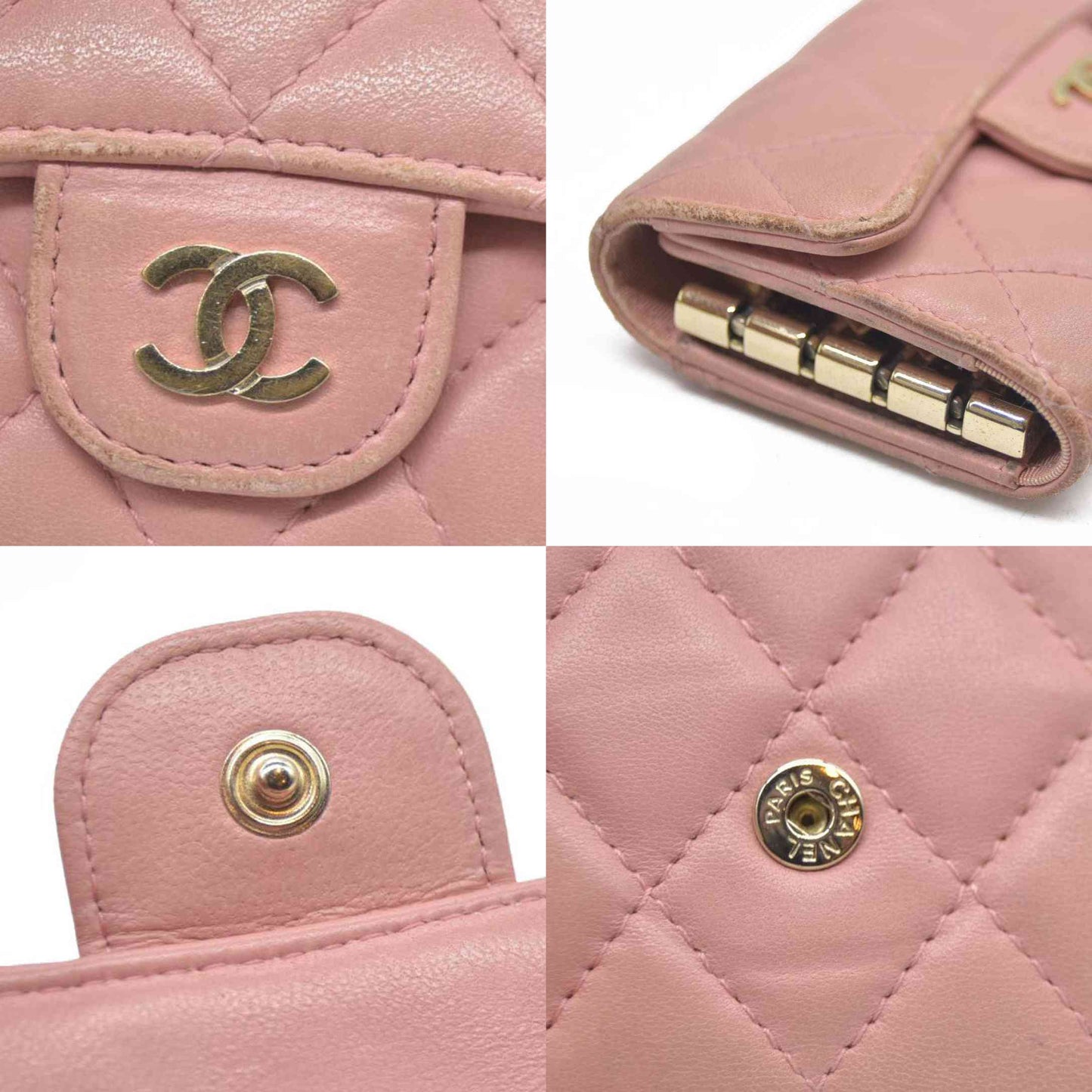 CHANEL $710 Quilted Matelasse CC Logo Lambskin 6 Ring Key Case Pink/7BH0171