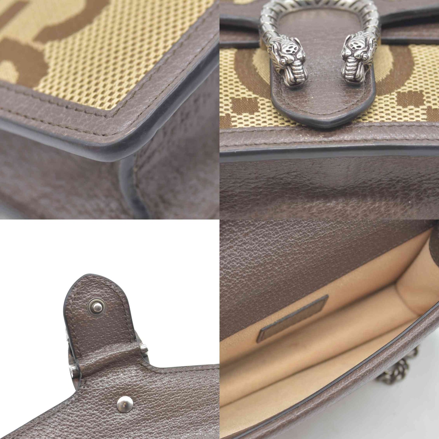 $1290 GUCCI Monogram Jumbo GG Textured Dollar Calfskin Super Mini Dionysus Shoulder Bag Camel Ebony