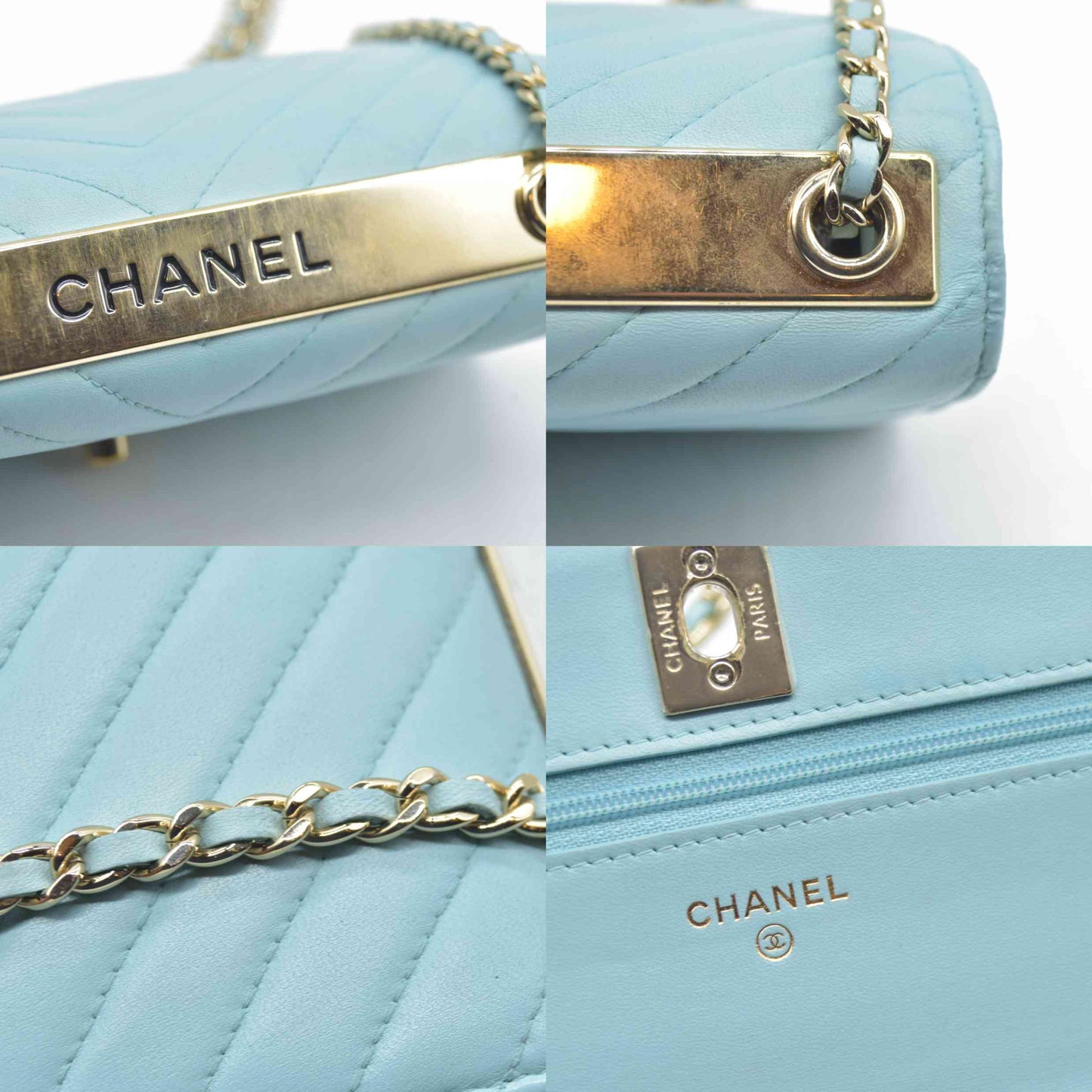 $3800 Chanel Trendy Chevron Wallet On A Chain Quilted Front Flap Turquoise 2019