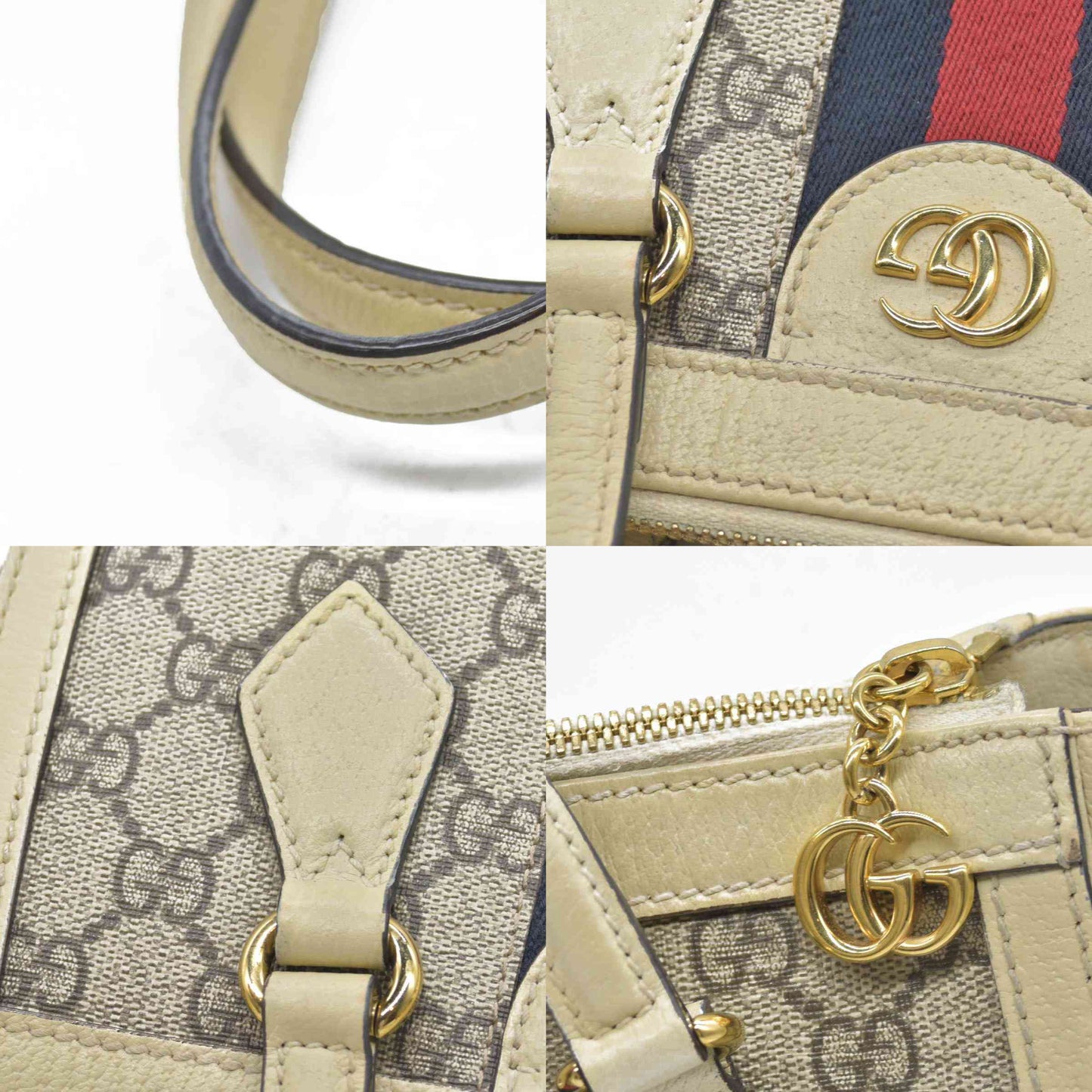 Gucci GG Supreme Monogram Textured Dollar Calfskin Web Small Ophidia Tote Bag Beige Ebony Mystic White