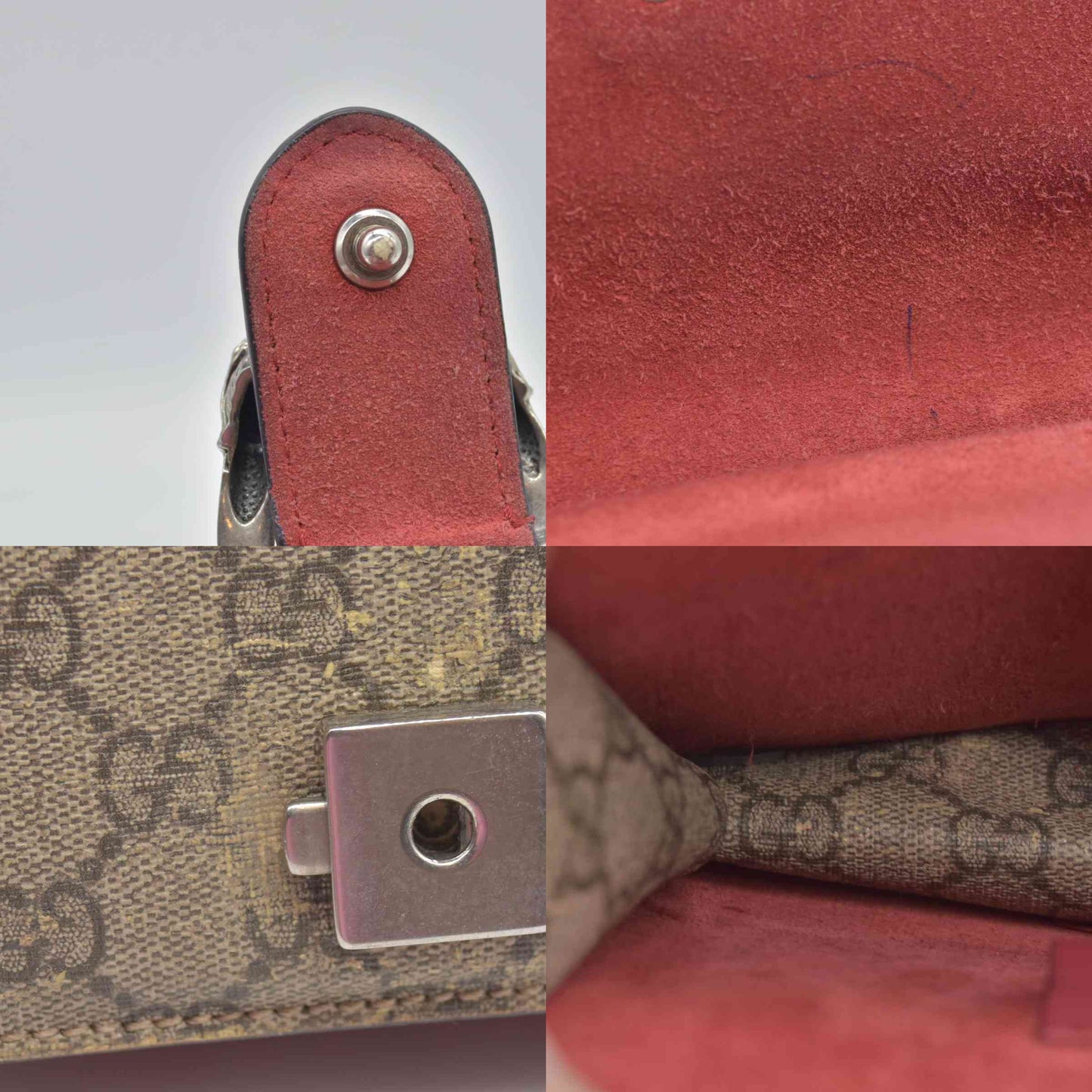 $2600 Gucci GG Supreme Monogram Suede Cudu Medium Dionysus Shoulder Bag Beige Ebony Vulcanic Red