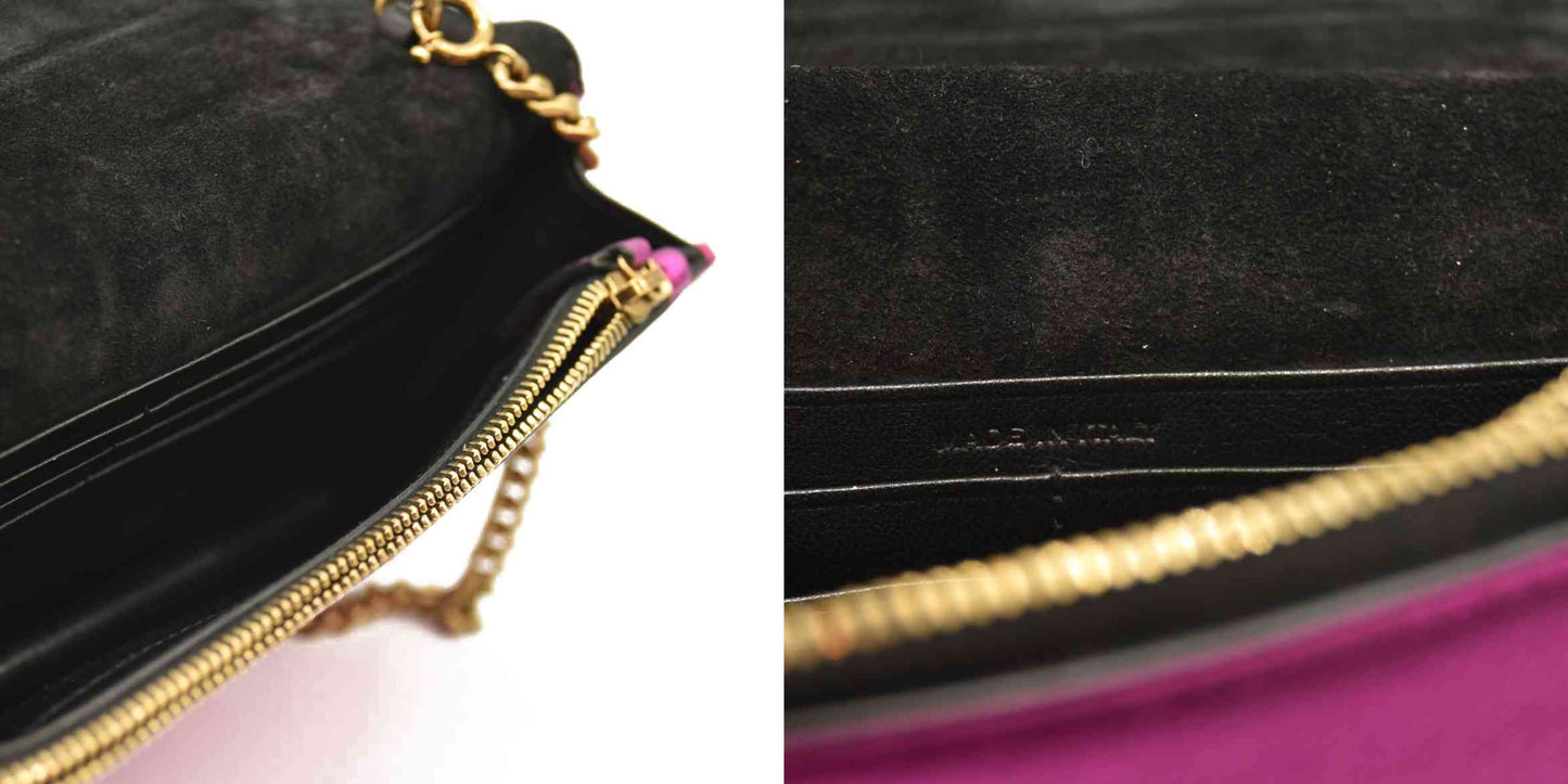 SAINT LAURENT Metallic Calfskin Classic Monogram Kate Tassel Chain Wallet Fuchsia