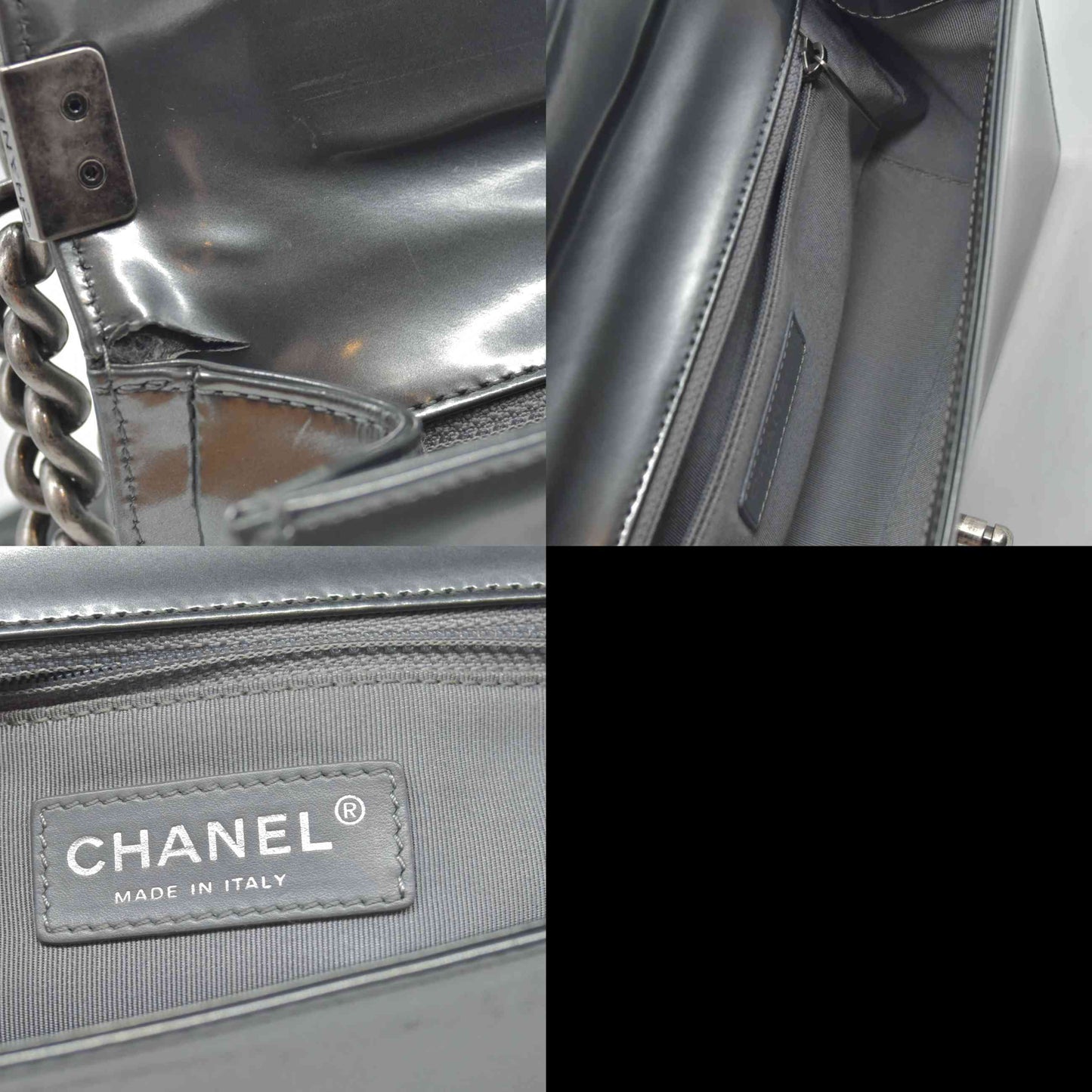 $4700 2012 Chanel Medium Boy Electric Silver Patent Leather Logo CC Flap