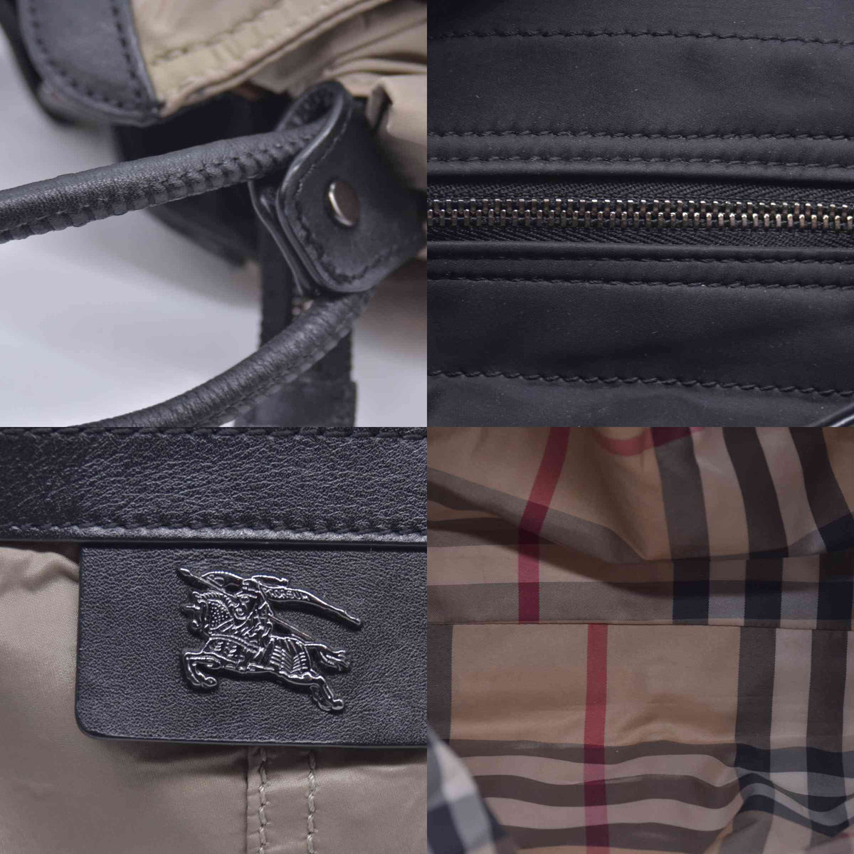 $1050 BURBERRY Nylon & Leather Drawstring Knight Emblem Tote Bag Beige Dark Brown CONSIGNMENT 10021354