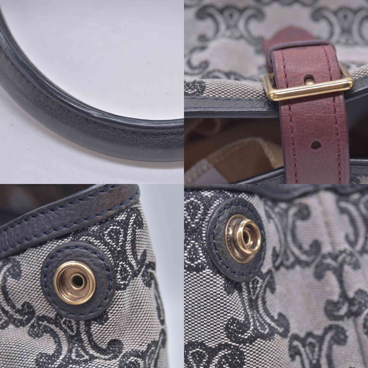 $1150 CELINE Triomphe Canvas & Web Buckle Strap Tote Bag Grey Navy CONSIGNMENT 10021188