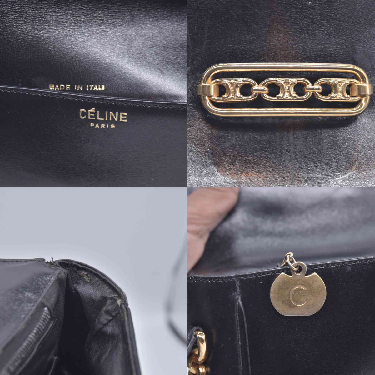 $1850 CELINE Vintage Box Calfskin Triomphe Chain Flap Shoulder Bag Black CONSIGNMENT 10021246