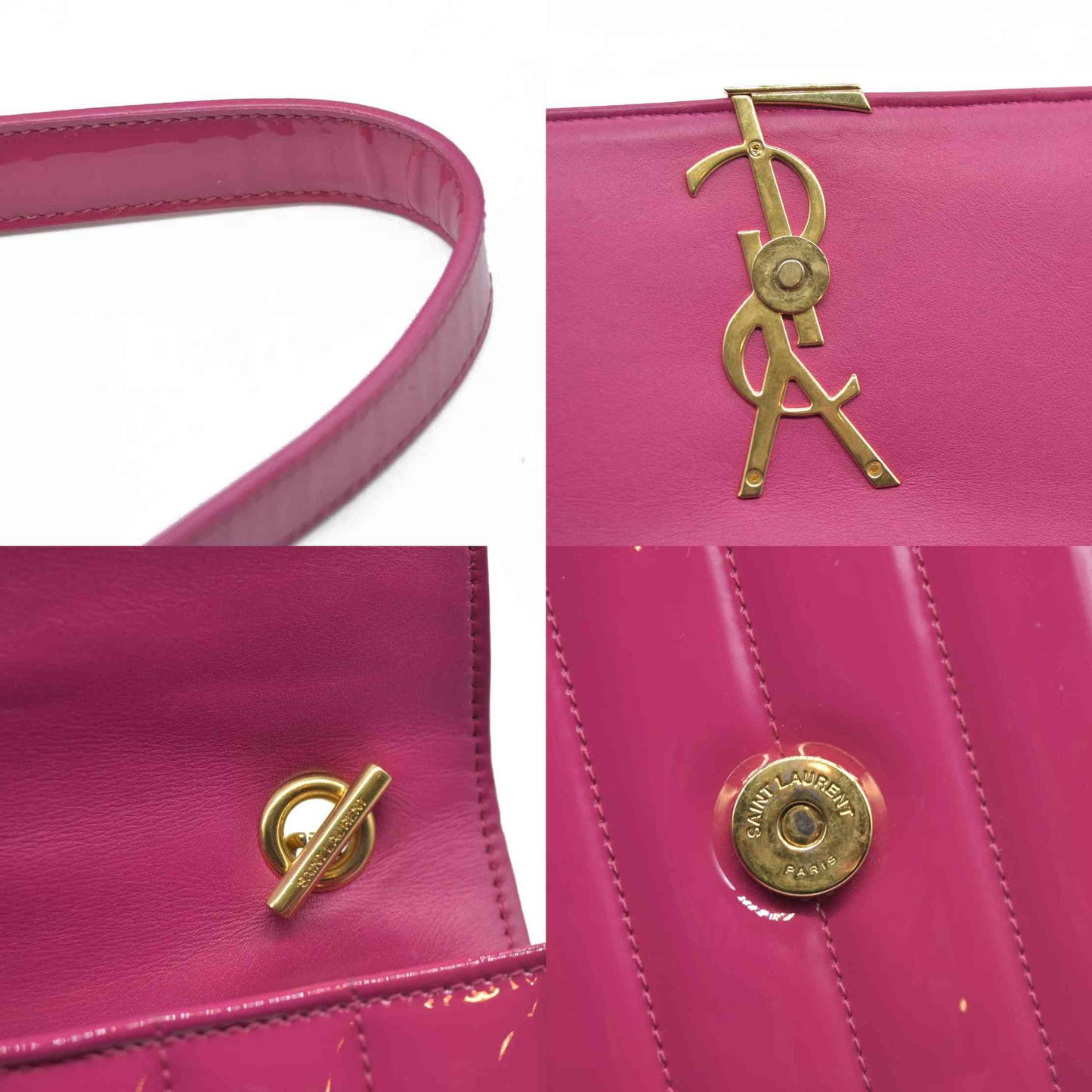 $1750 Saint Laurent Patent Leather Matelasse Monogram Vicky Chain Wallet  Pink