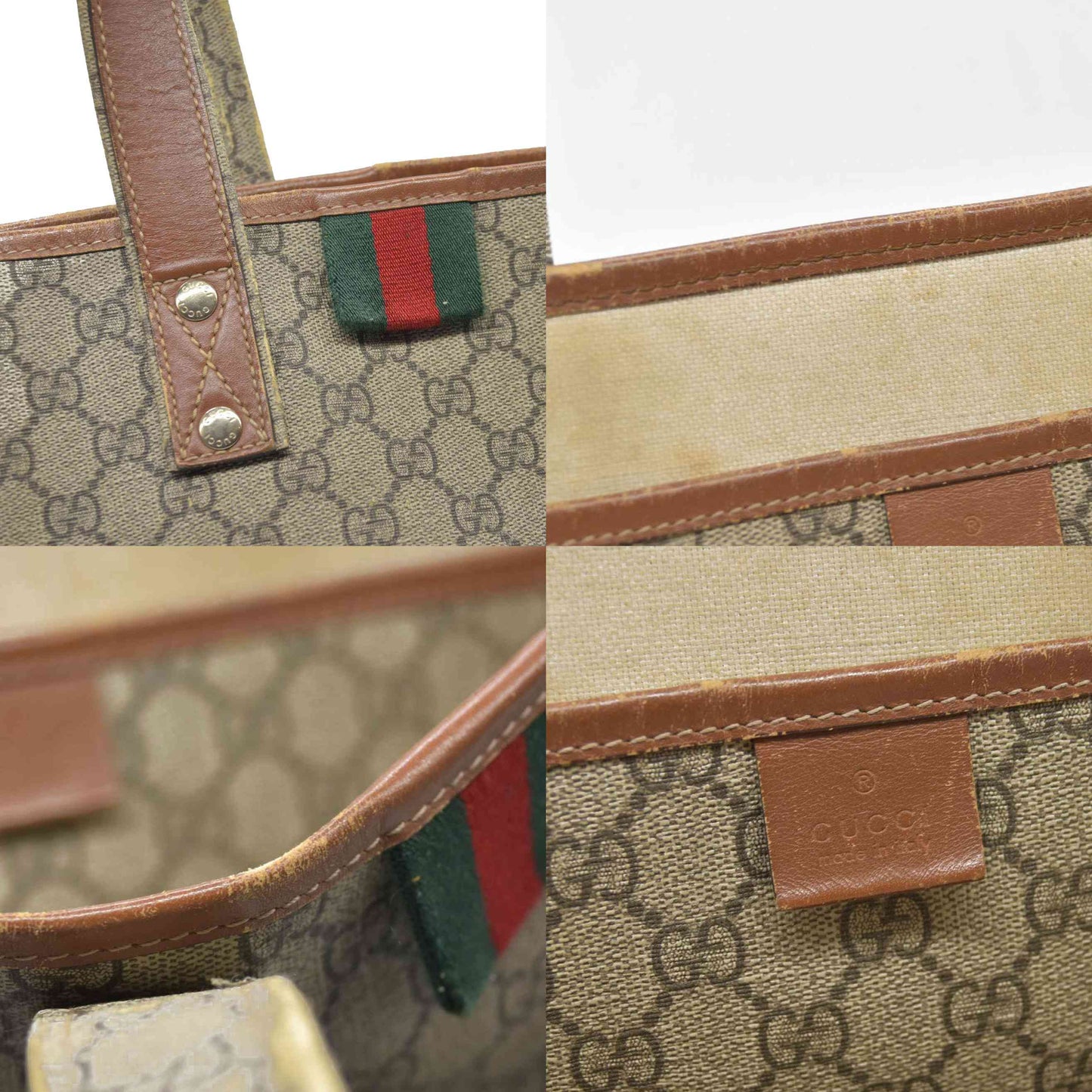 $1490 Gucci GG Plus Monogram Medium Signature Web Loop Tote Brown