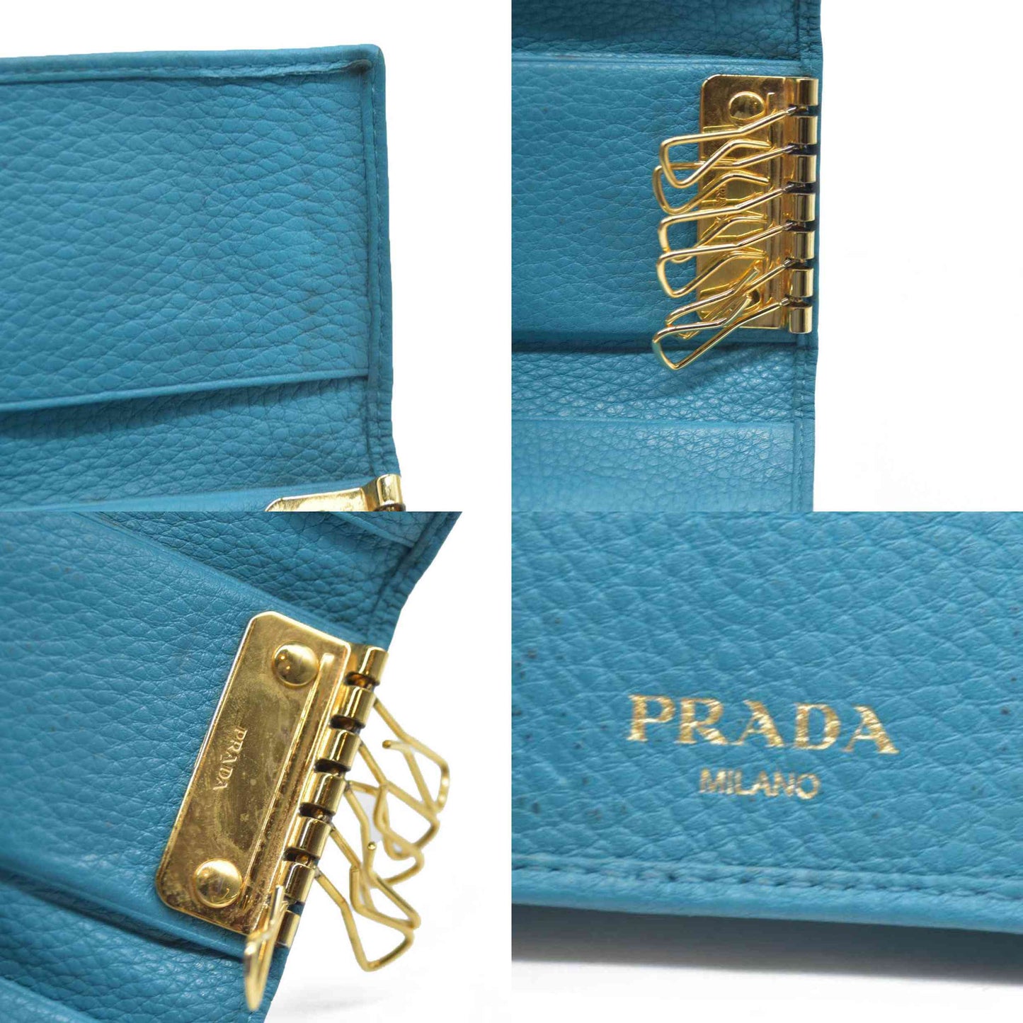 AUCTION $575 PRADA Logo Vitello Leather 6 Ring Key Case Blue