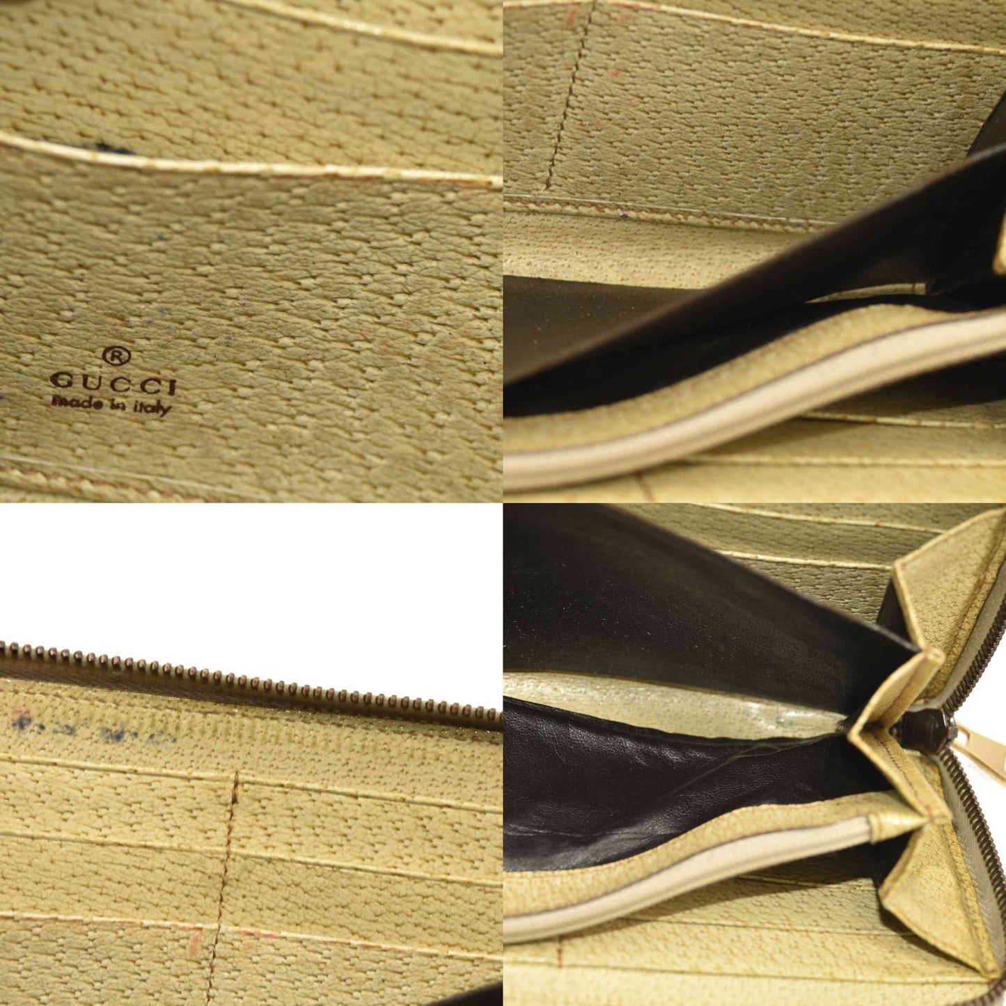 Gucci  Monogram Metal Bar Zip Around Wallet Beige Ebony Cream