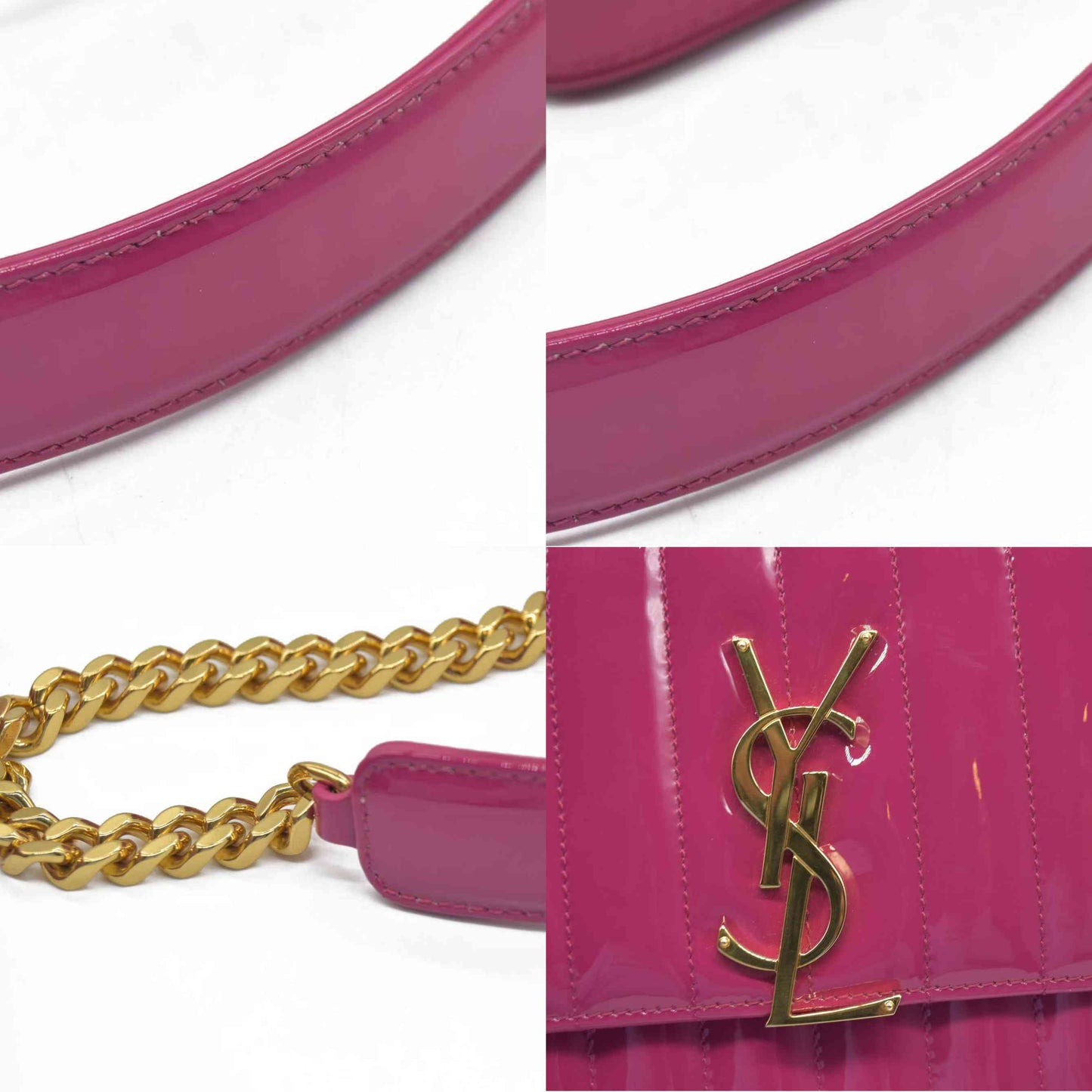 $2590 Saint Laurent Patent Calfskin Matelasse Monogram Medium Vicky Chain Bag Pink