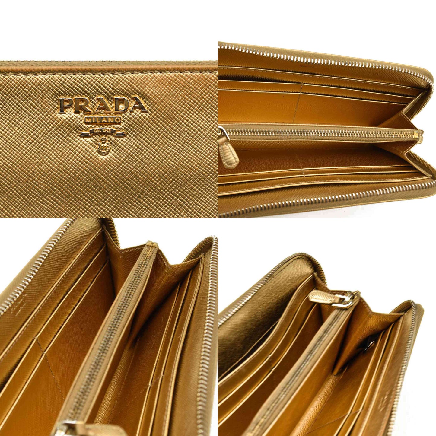 Prada Saffiano Zip Around Wallet Metallic Gold