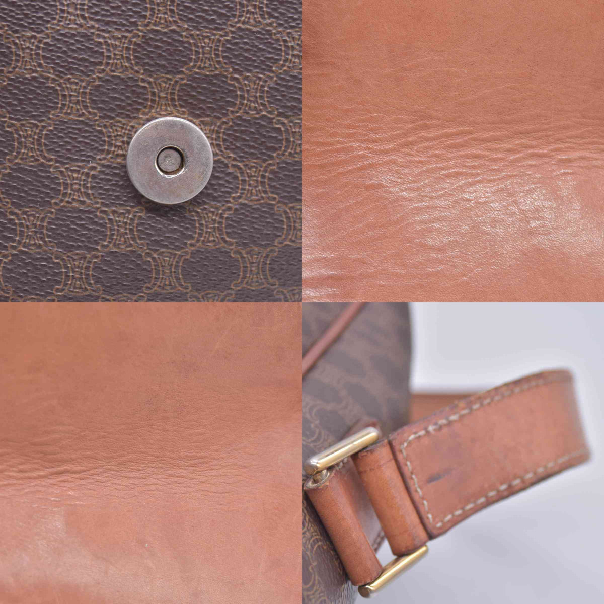 $1150 CELINE Macadam Coated Canvas Ring Circle Logo Crossbody Bag Brown CONSIGNMENT 10021238