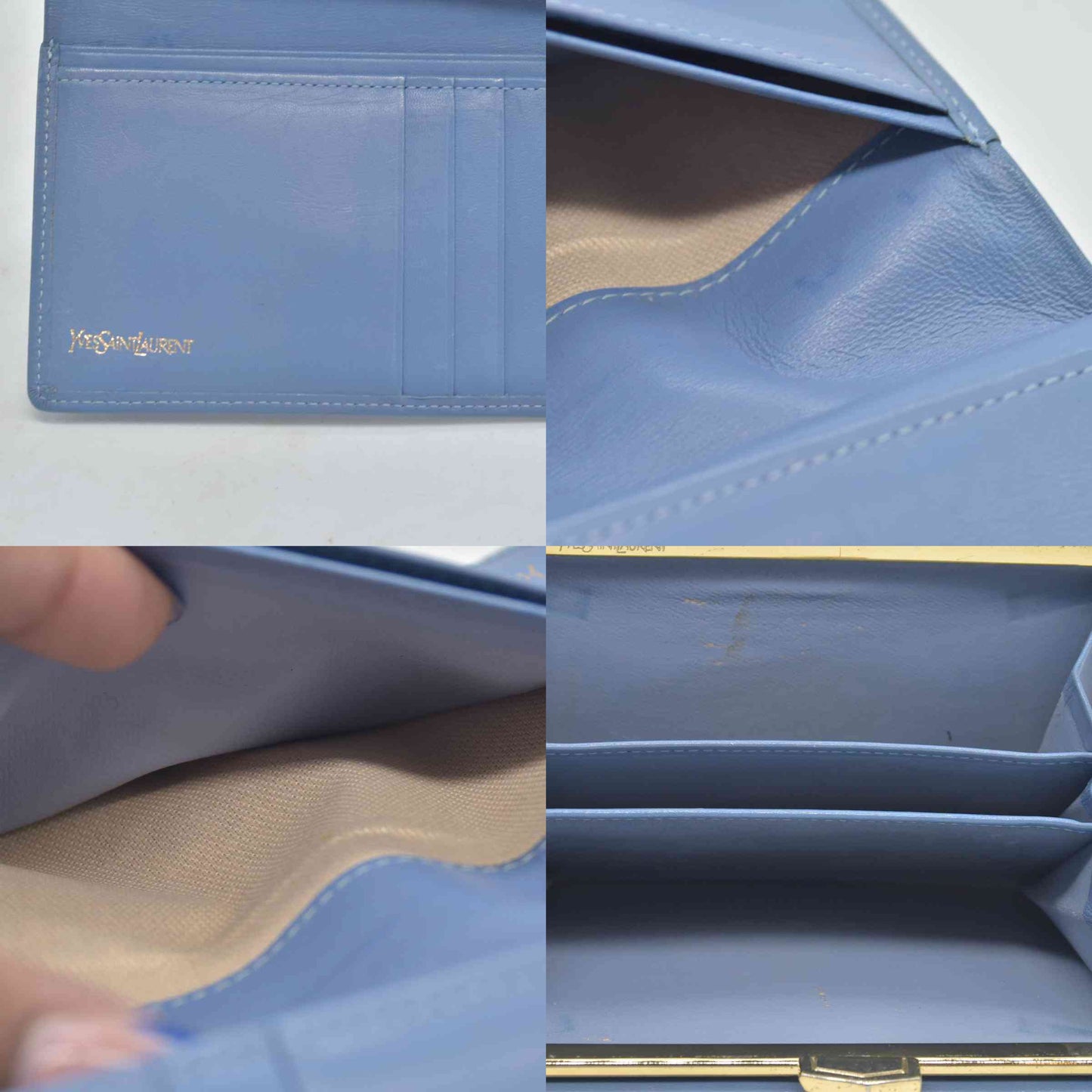 $480 Saint Laurent Monogram YSL Vintage Wallet Blue Leather CONSIGNMENT